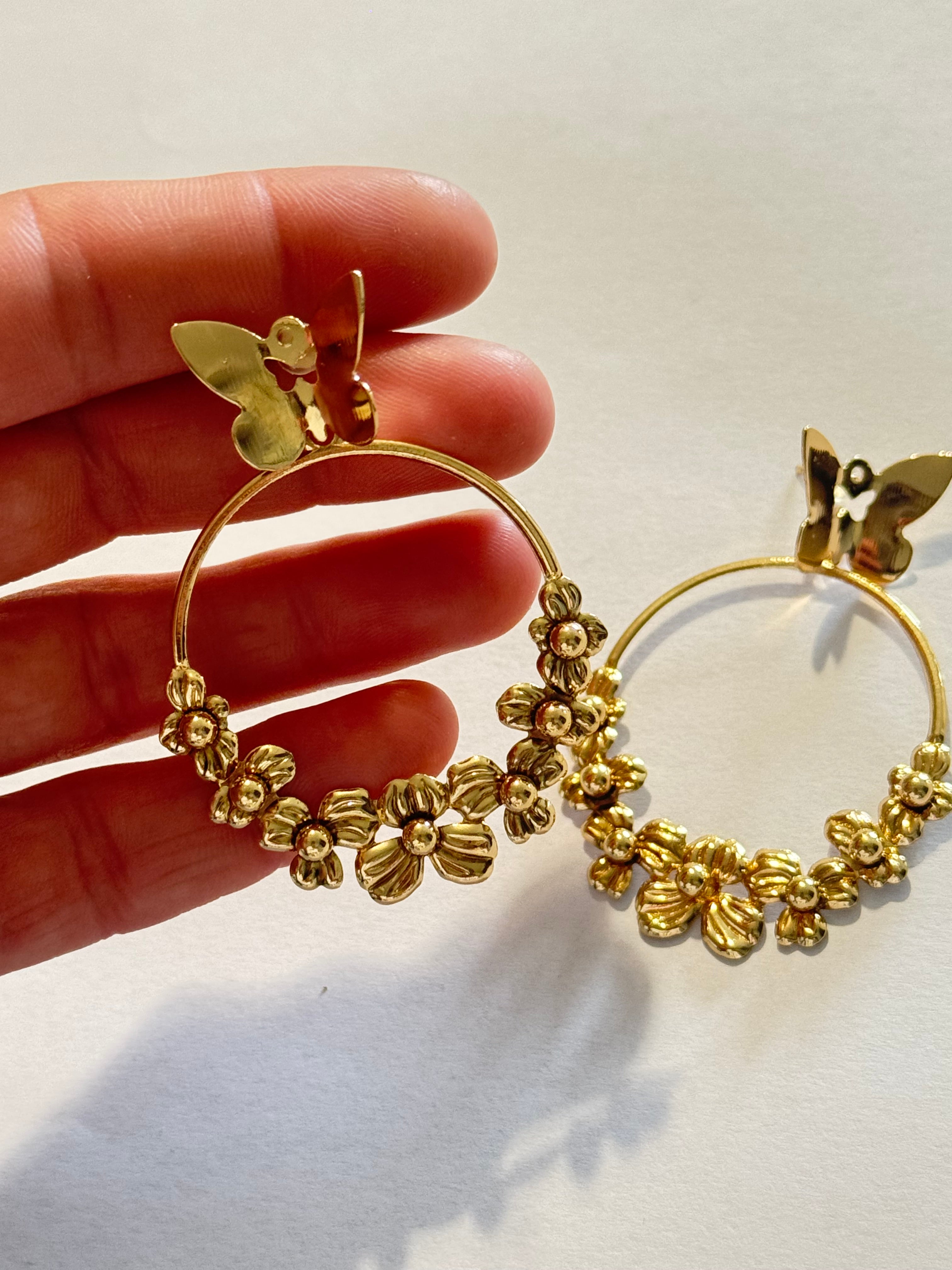 Gold Butterfly Hoop Earrings for Women, Floral Statement Earrings, Lightweight Gold Dangle Earrings, Elegant Gift for Her
