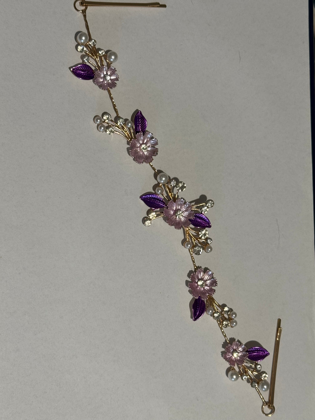 Purple Floral Bridal Hair Vine Tiara – Gold Wedding Hair Accessory – Pearl & Crystal Flower Headpiece – Boho Bridal Hair Vine