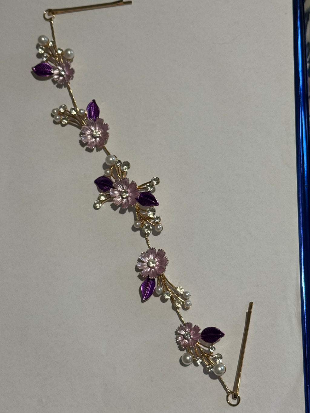 Purple Floral Bridal Hair Vine Tiara – Gold Wedding Hair Accessory – Pearl & Crystal Flower Headpiece – Boho Bridal Hair Vine