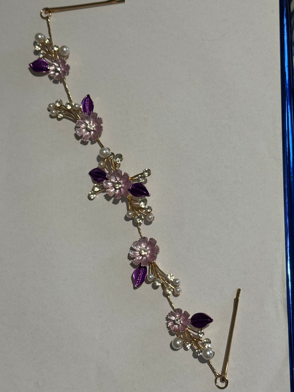 Purple Floral Bridal Hair Vine Tiara – Gold Wedding Hair Accessory – Pearl & Crystal Flower Headpiece – Boho Bridal Hair Vine