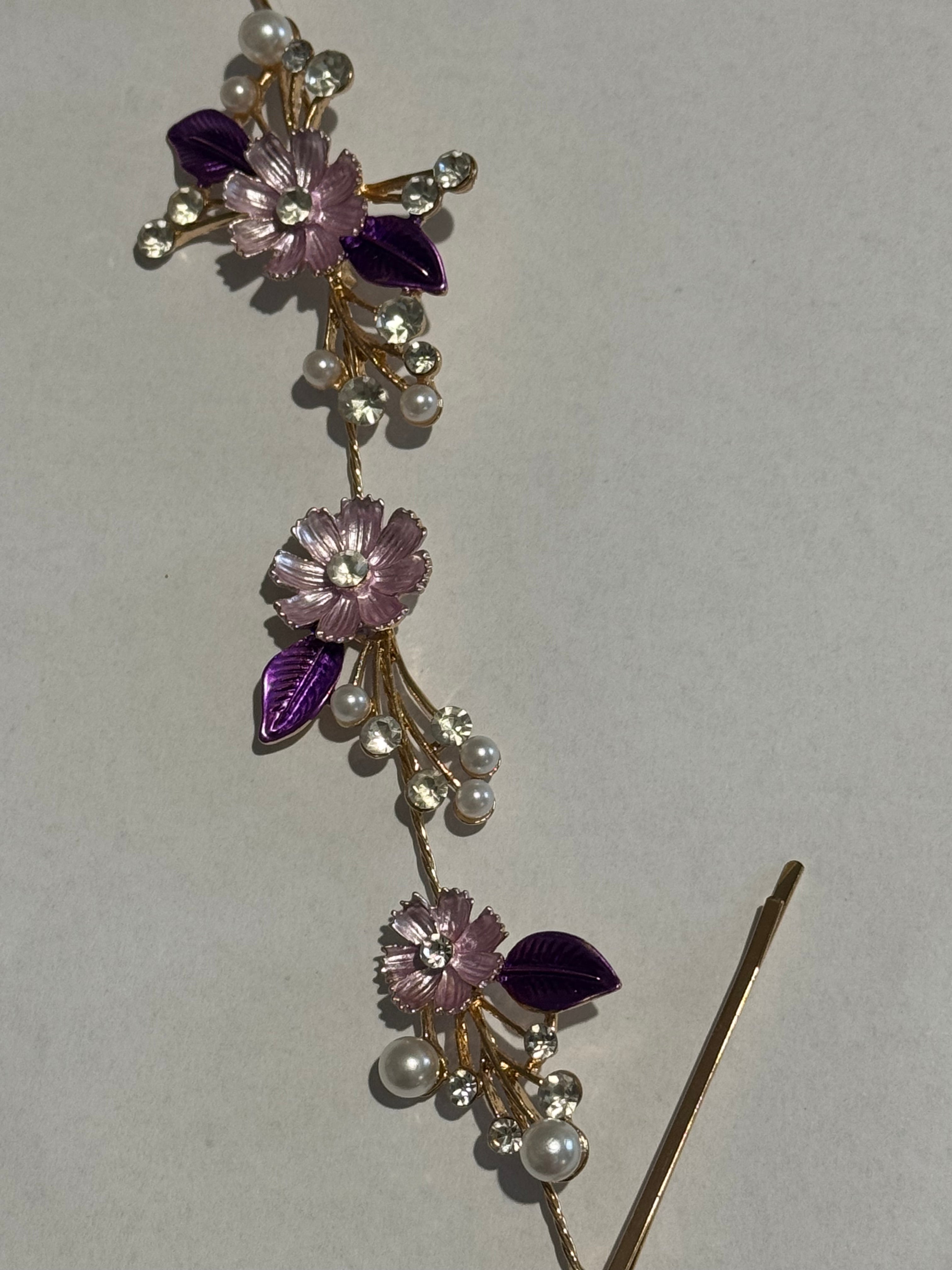 Purple Floral Bridal Hair Vine Tiara – Gold Wedding Hair Accessory – Pearl & Crystal Flower Headpiece – Boho Bridal Hair Vine
