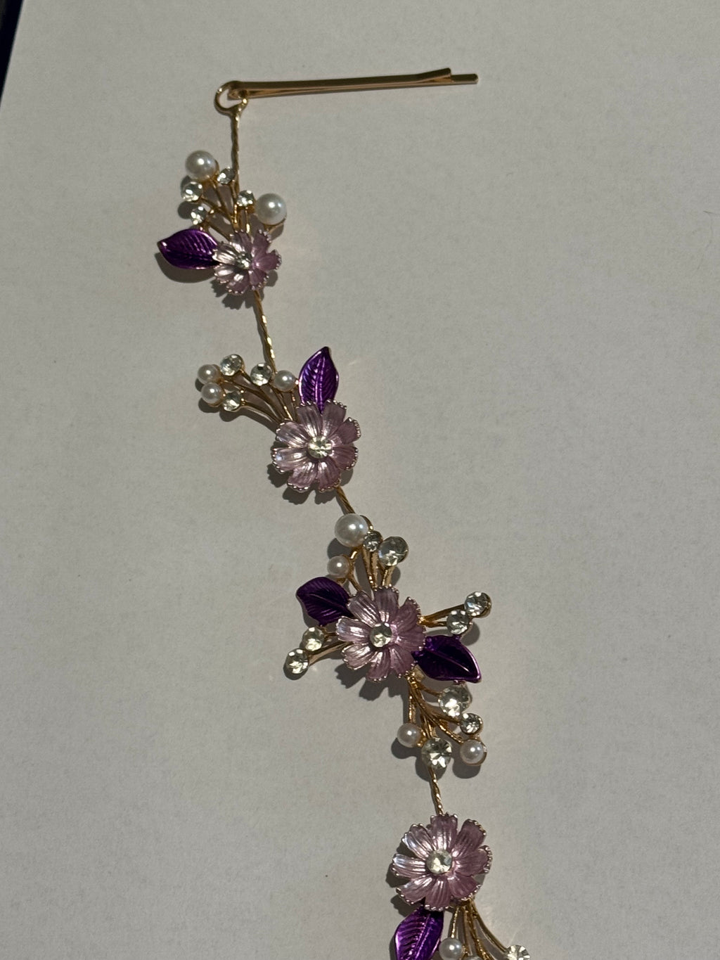 Purple Floral Bridal Hair Vine Tiara – Gold Wedding Hair Accessory – Pearl & Crystal Flower Headpiece – Boho Bridal Hair Vine
