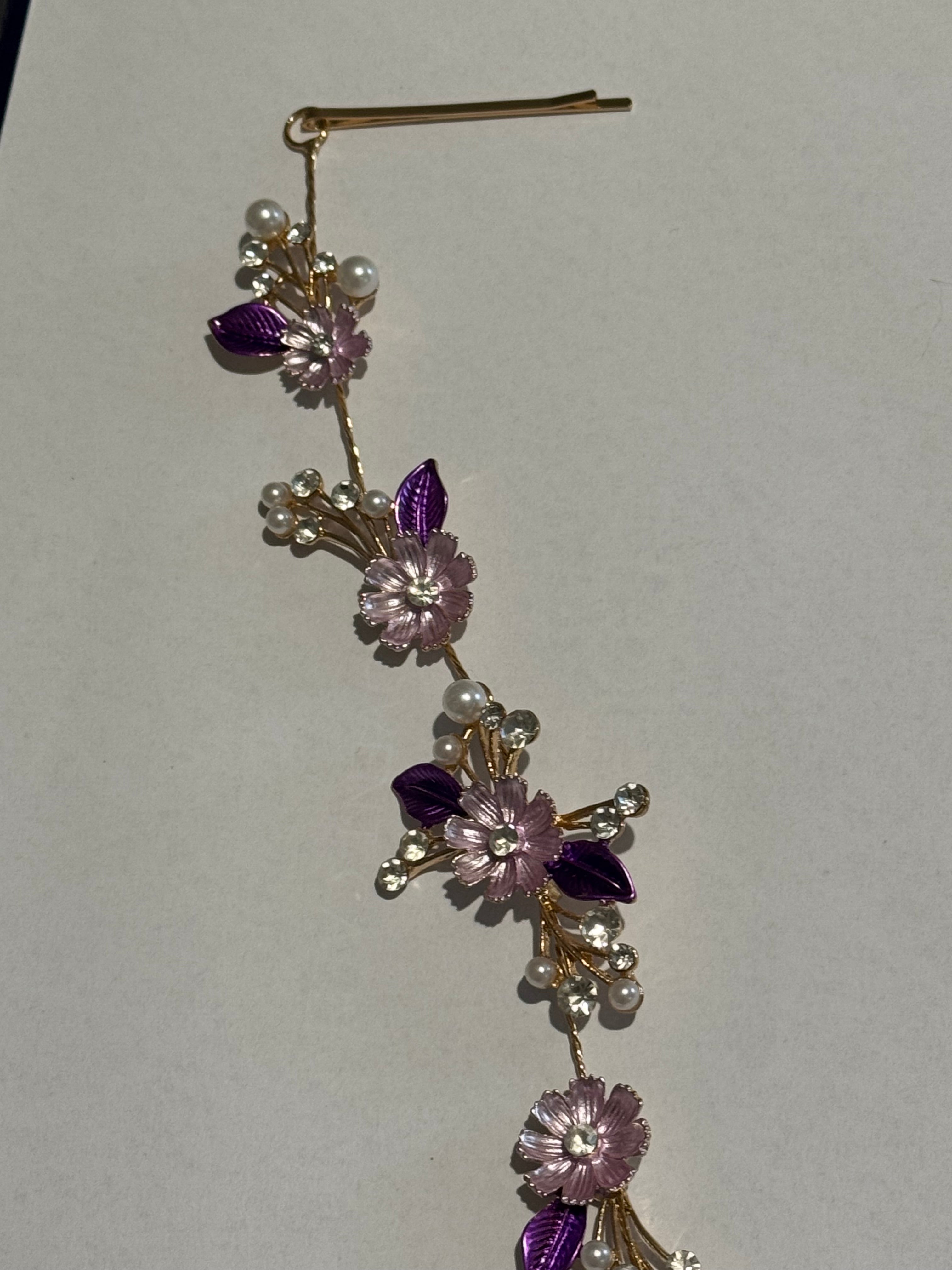 Purple Floral Bridal Hair Vine Tiara – Gold Wedding Hair Accessory – Pearl & Crystal Flower Headpiece – Boho Bridal Hair Vine