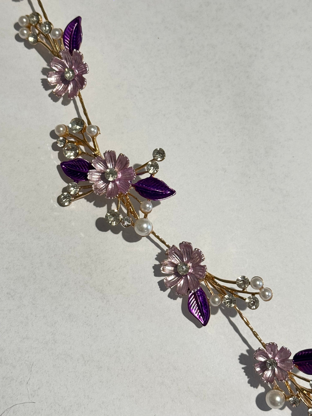 Purple Floral Bridal Hair Vine Tiara – Gold Wedding Hair Accessory – Pearl & Crystal Flower Headpiece – Boho Bridal Hair Vine