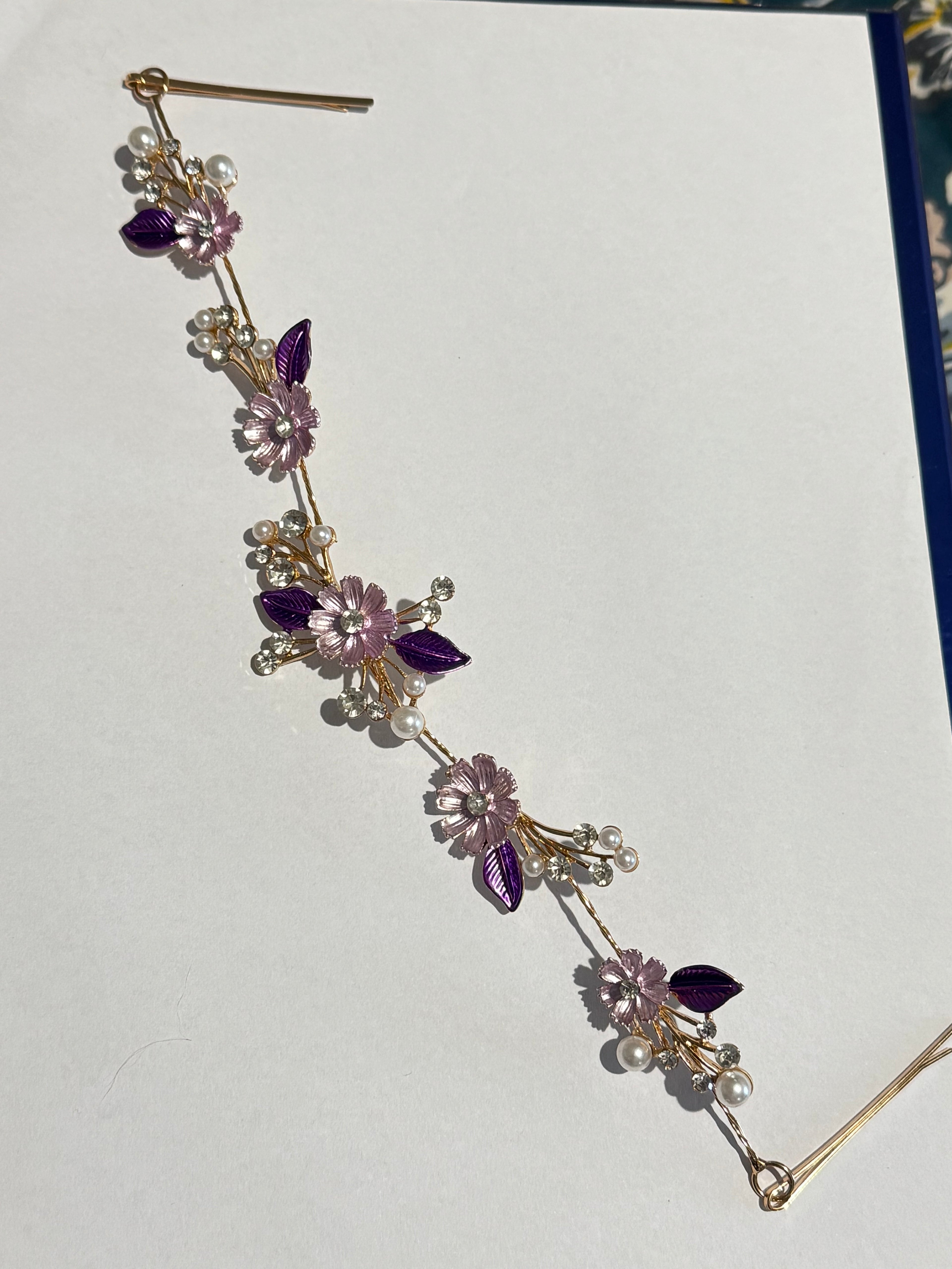 Purple Floral Bridal Hair Vine Tiara – Gold Wedding Hair Accessory – Pearl & Crystal Flower Headpiece – Boho Bridal Hair Vine