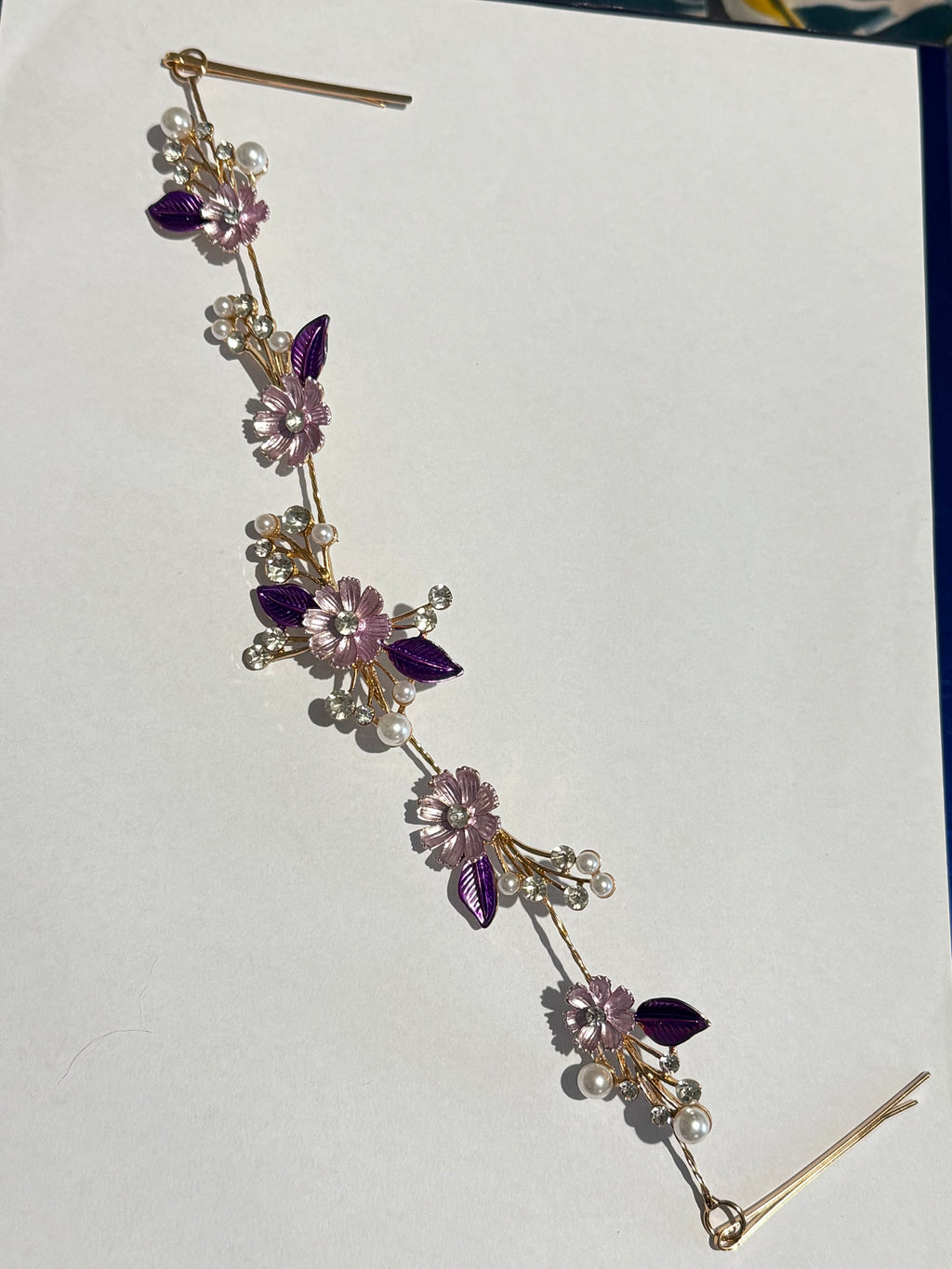 Purple Floral Bridal Hair Vine Tiara – Gold Wedding Hair Accessory – Pearl & Crystal Flower Headpiece – Boho Bridal Hair Vine