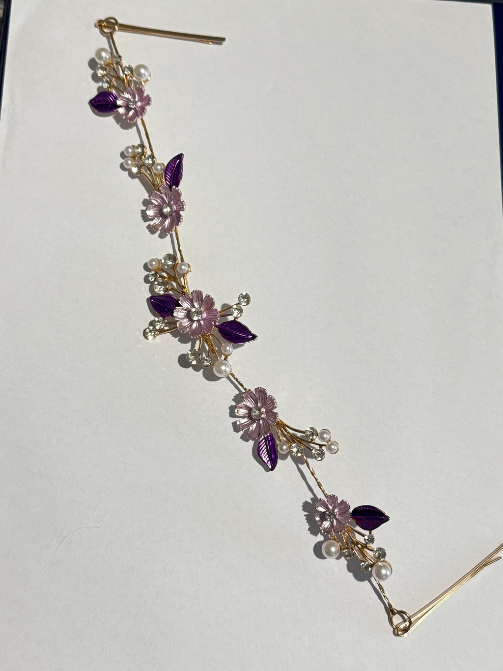 Purple Floral Bridal Hair Vine Tiara – Gold Wedding Hair Accessory – Pearl & Crystal Flower Headpiece – Boho Bridal Hair Vine