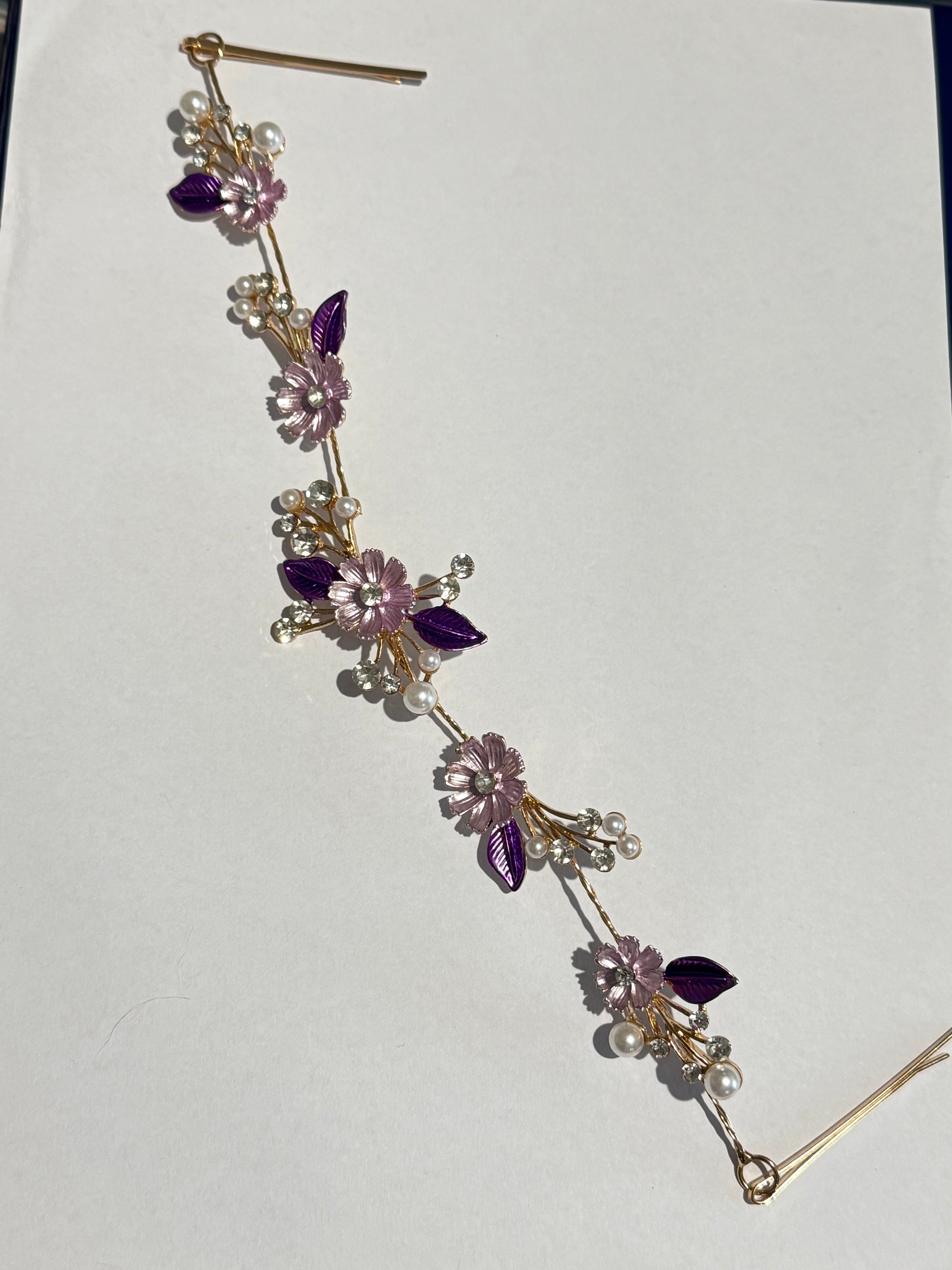 Purple Floral Bridal Hair Vine Tiara – Gold Wedding Hair Accessory – Pearl & Crystal Flower Headpiece – Boho Bridal Hair Vine