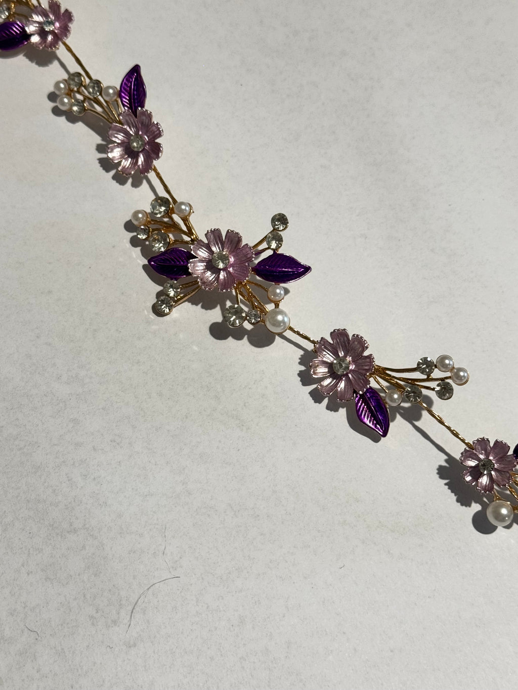 Purple Floral Bridal Hair Vine Tiara – Gold Wedding Hair Accessory – Pearl & Crystal Flower Headpiece – Boho Bridal Hair Vine