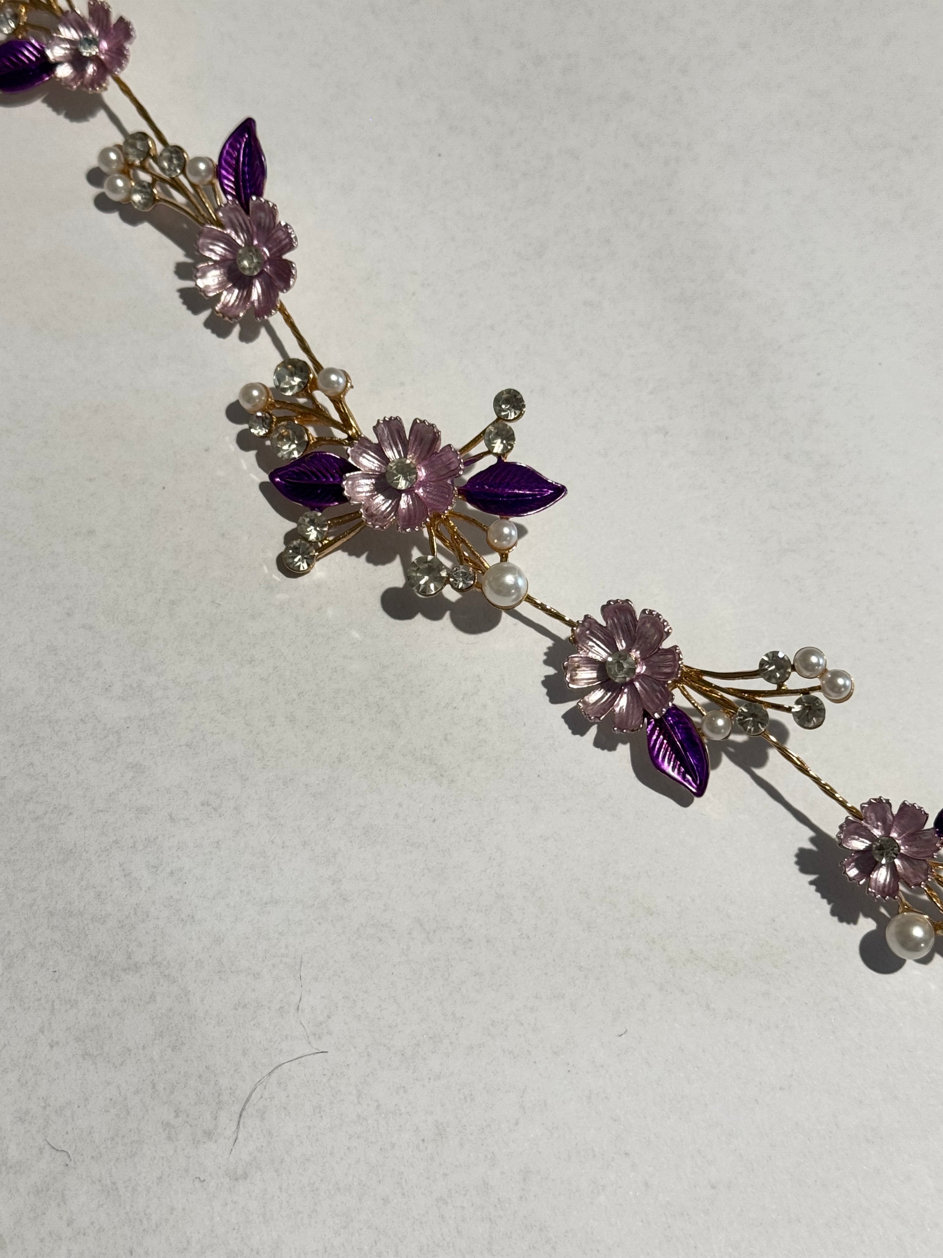 Purple Floral Bridal Hair Vine Tiara – Gold Wedding Hair Accessory – Pearl & Crystal Flower Headpiece – Boho Bridal Hair Vine