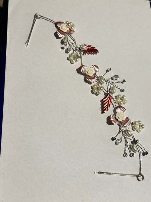 Bridal Floral Hair Vine Tiara – Rose Gold Wedding Hair Accessory – Pearl & Crystal Flower Headpiece – Romantic Boho Bridal Crown