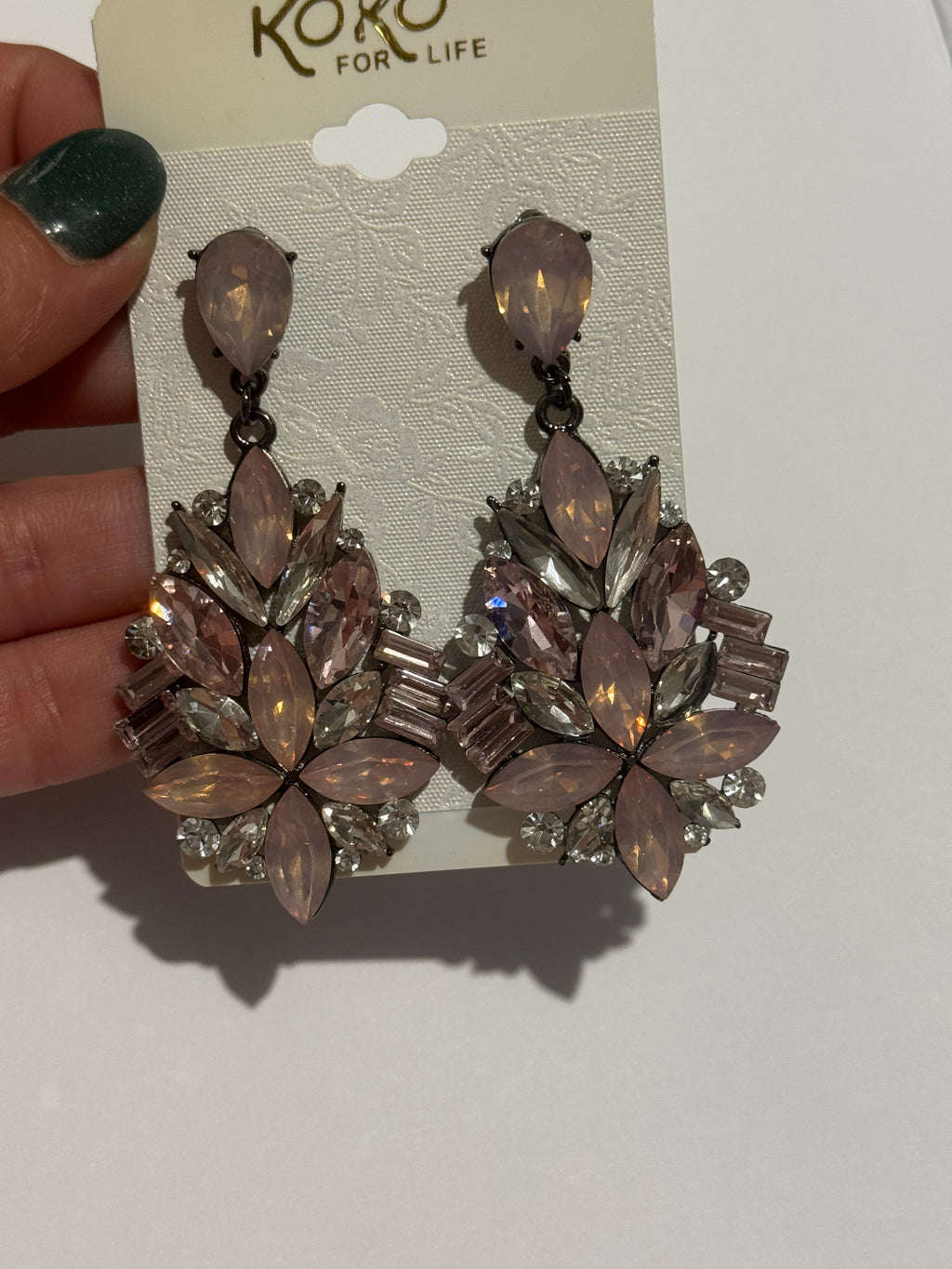 Blush Pink Crystal Statement Earrings – Vintage Rhinestone Drop Earrings – Elegant Floral Chandelier Earrings – Glam Jewelry Gift for Women
