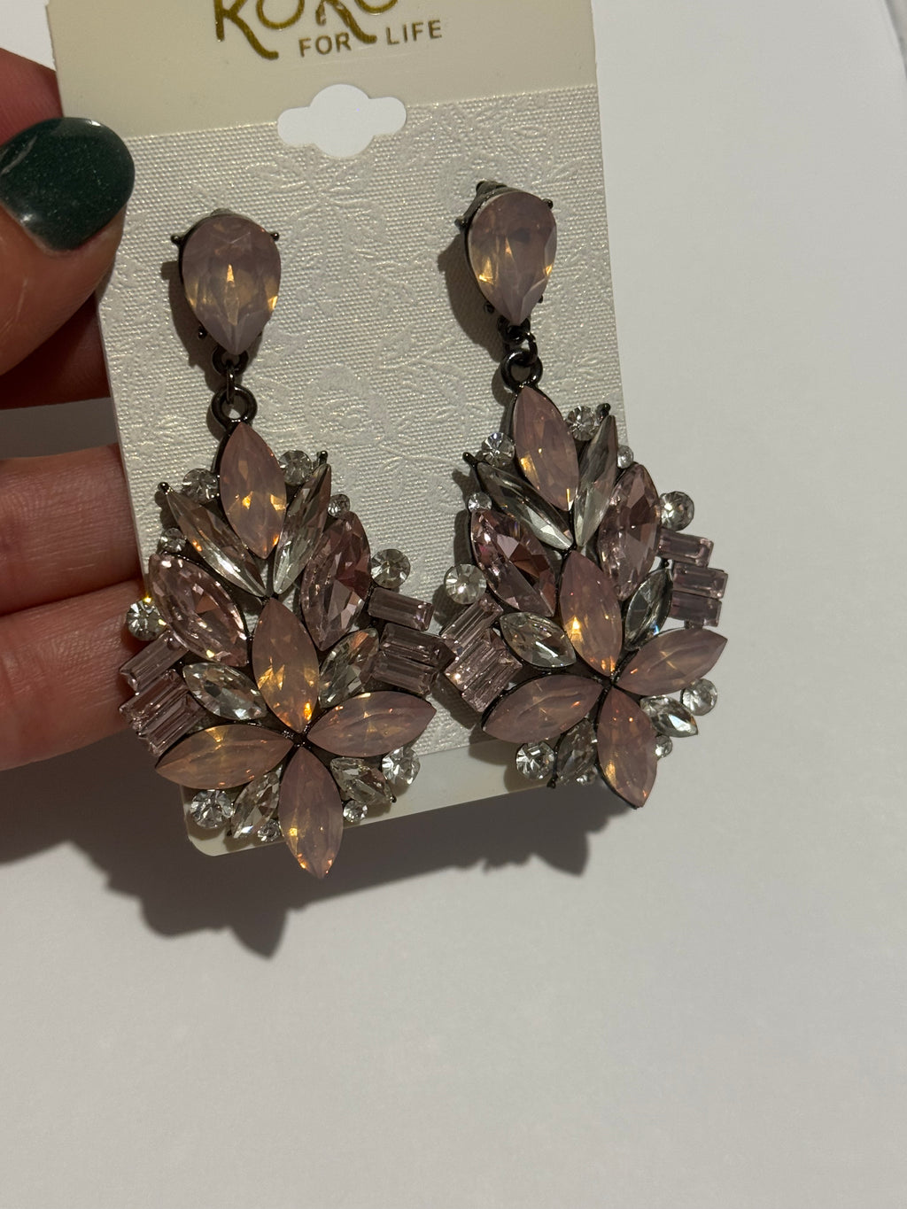 Blush Pink Crystal Statement Earrings – Vintage Rhinestone Drop Earrings – Elegant Floral Chandelier Earrings – Glam Jewelry Gift for Women