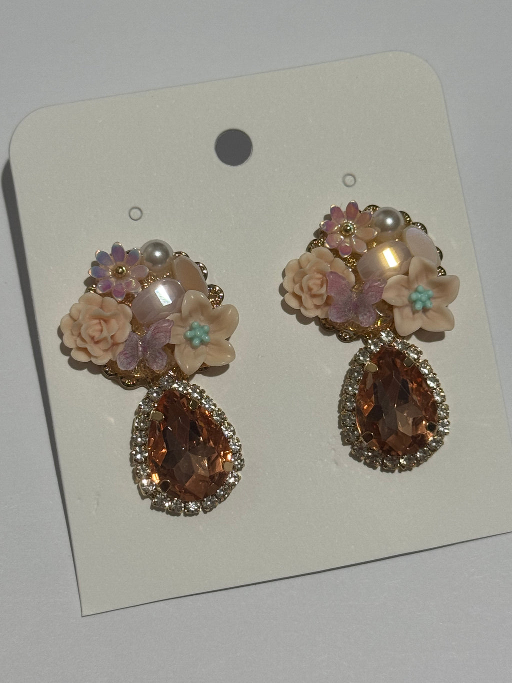Blush Pink Floral Statement Earrings – Peach Crystal Teardrop Earrings – Romantic Flower Pearl Earrings – Vintage Inspired Jewelry Gift for Women