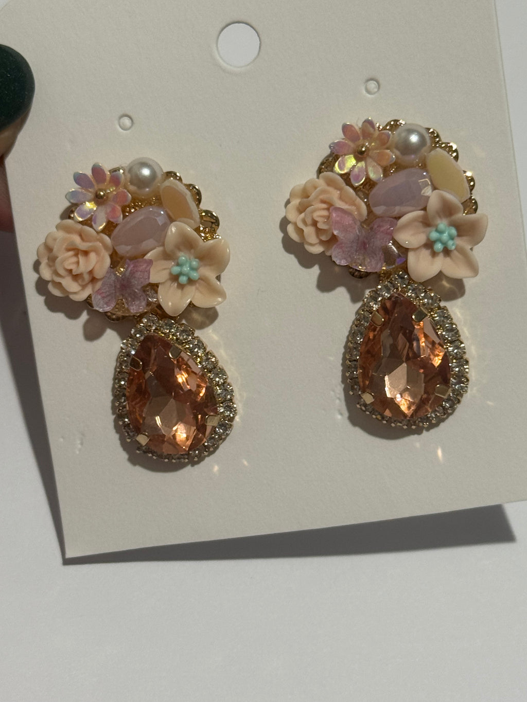 Blush Pink Floral Statement Earrings – Peach Crystal Teardrop Earrings – Romantic Flower Pearl Earrings – Vintage Inspired Jewelry Gift for Women
