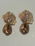 Blush Pink Floral Statement Earrings – Peach Crystal Teardrop Earrings – Romantic Flower Pearl Earrings – Vintage Inspired Jewelry Gift for Women