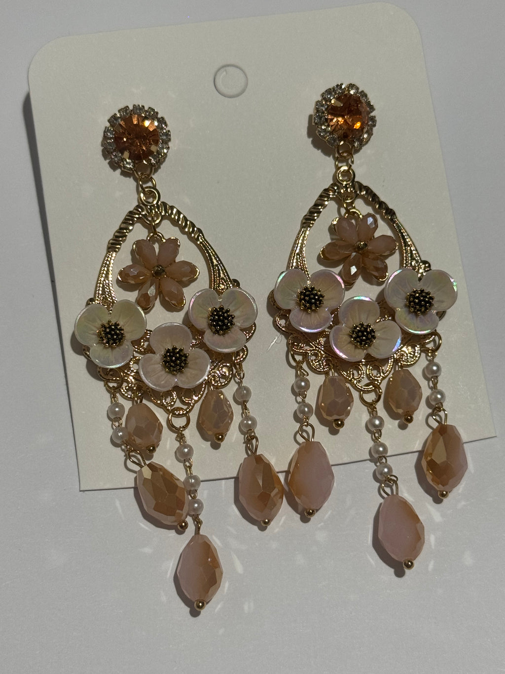 Floral Chandelier Earrings – Blush Pink Crystal & Pearl Drop Earrings – Gold Tone Statement Earrings – Romantic Vintage Inspired Jewelry