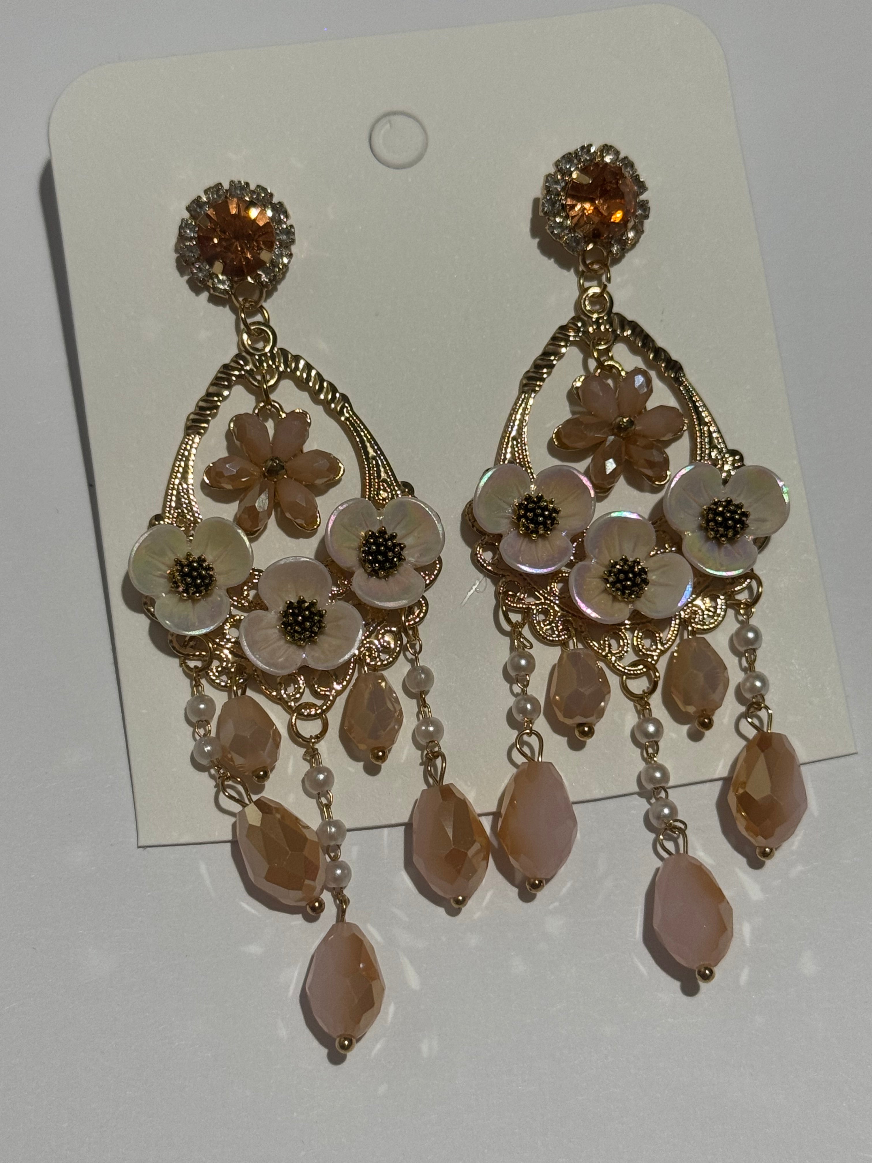 Floral Chandelier Earrings – Blush Pink Crystal & Pearl Drop Earrings – Gold Tone Statement Earrings – Romantic Vintage Inspired Jewelry