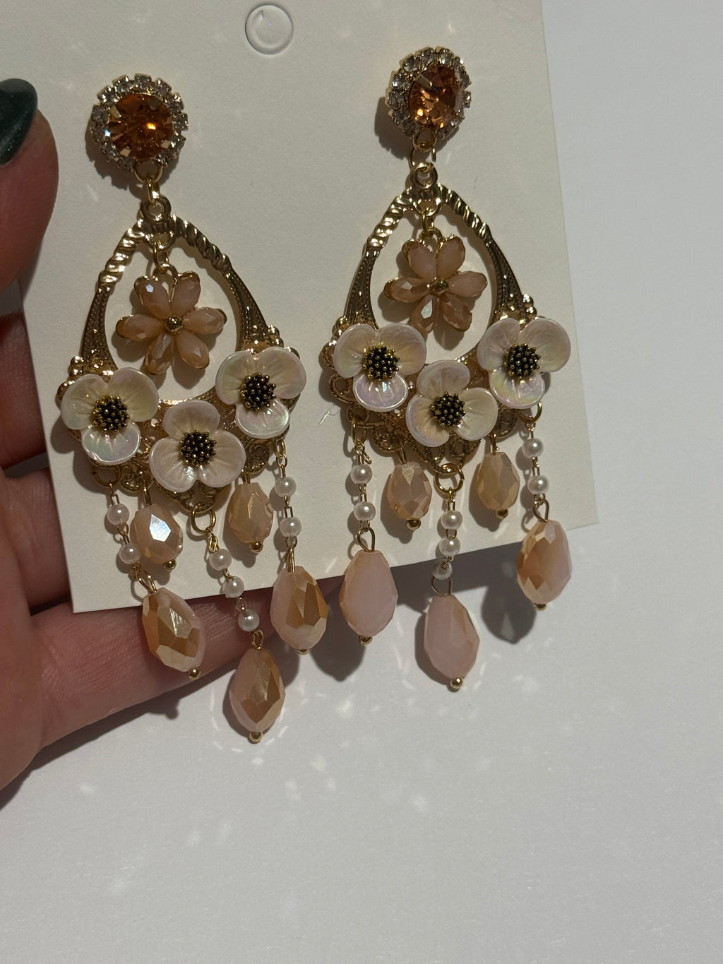 Floral Chandelier Earrings – Blush Pink Crystal & Pearl Drop Earrings – Gold Tone Statement Earrings – Romantic Vintage Inspired Jewelry