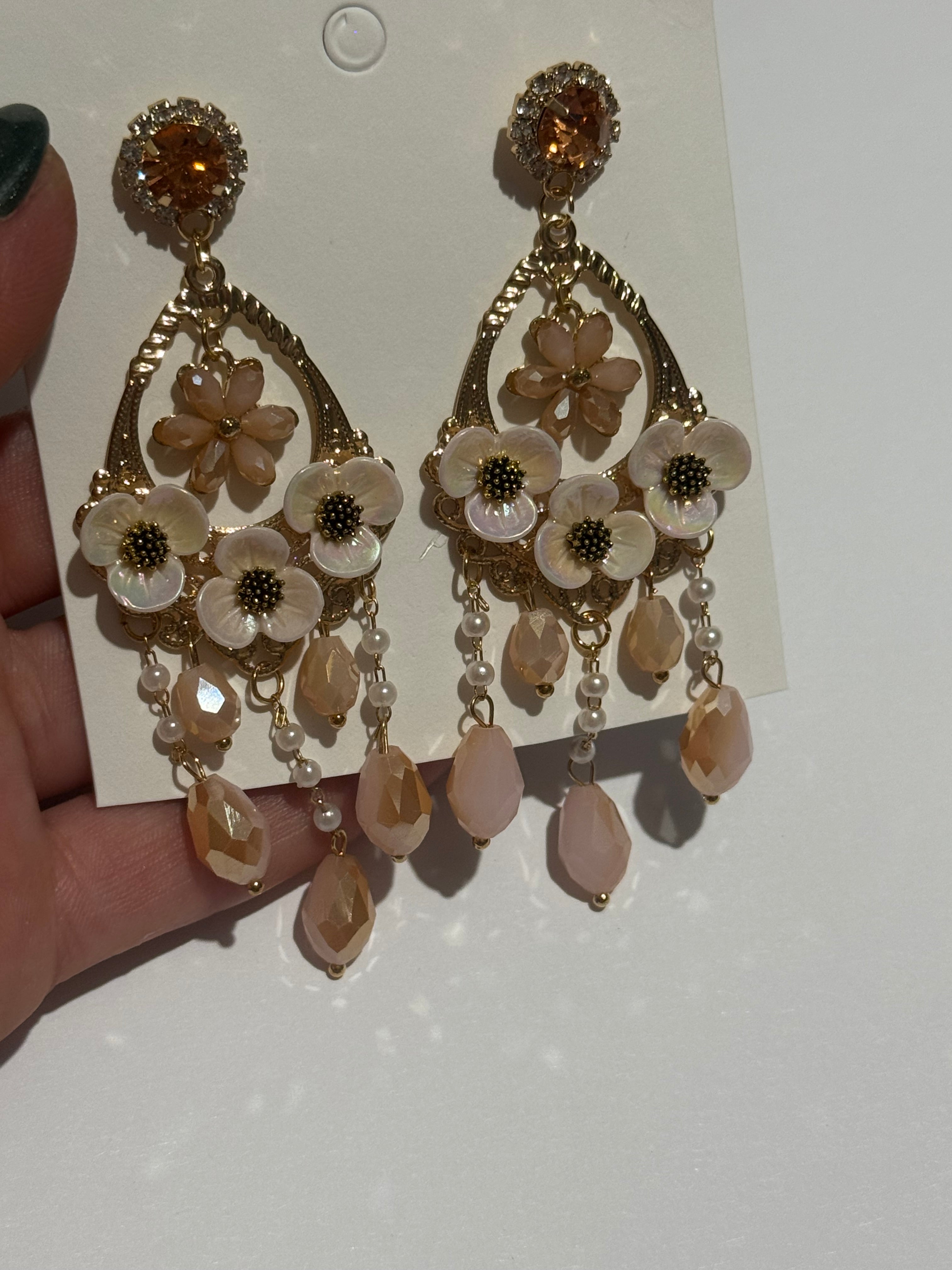 Floral Chandelier Earrings – Blush Pink Crystal & Pearl Drop Earrings – Gold Tone Statement Earrings – Romantic Vintage Inspired Jewelry