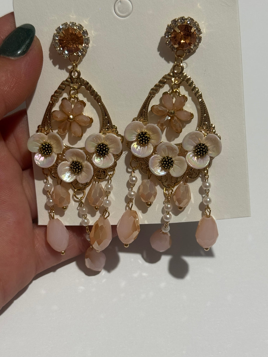 Floral Chandelier Earrings – Blush Pink Crystal & Pearl Drop Earrings – Gold Tone Statement Earrings – Romantic Vintage Inspired Jewelry