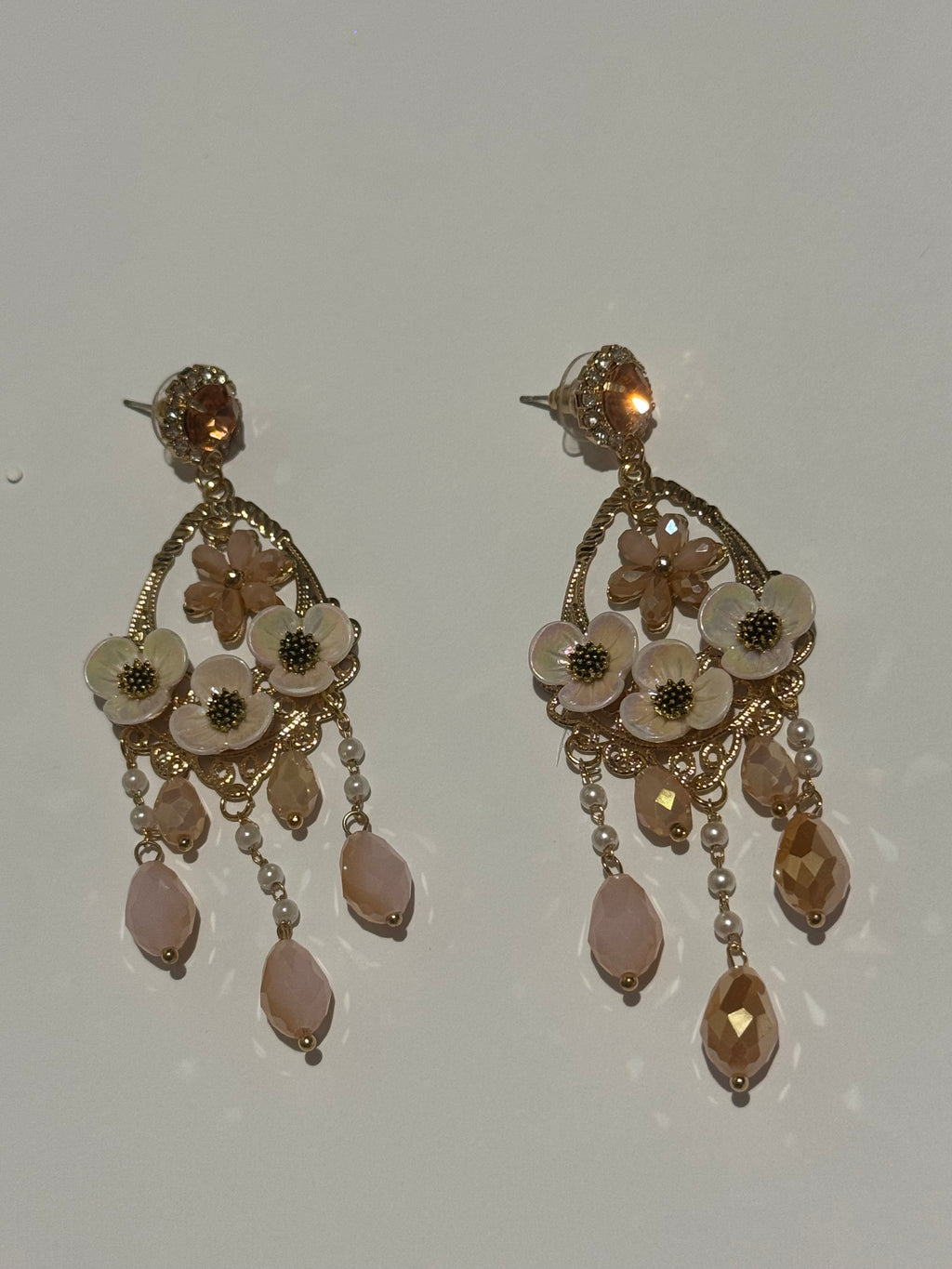 Floral Chandelier Earrings – Blush Pink Crystal & Pearl Drop Earrings – Gold Tone Statement Earrings – Romantic Vintage Inspired Jewelry