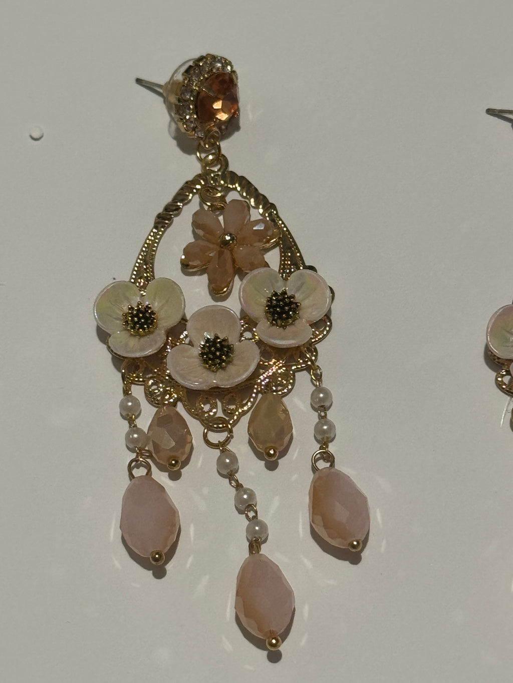 Floral Chandelier Earrings – Blush Pink Crystal & Pearl Drop Earrings – Gold Tone Statement Earrings – Romantic Vintage Inspired Jewelry