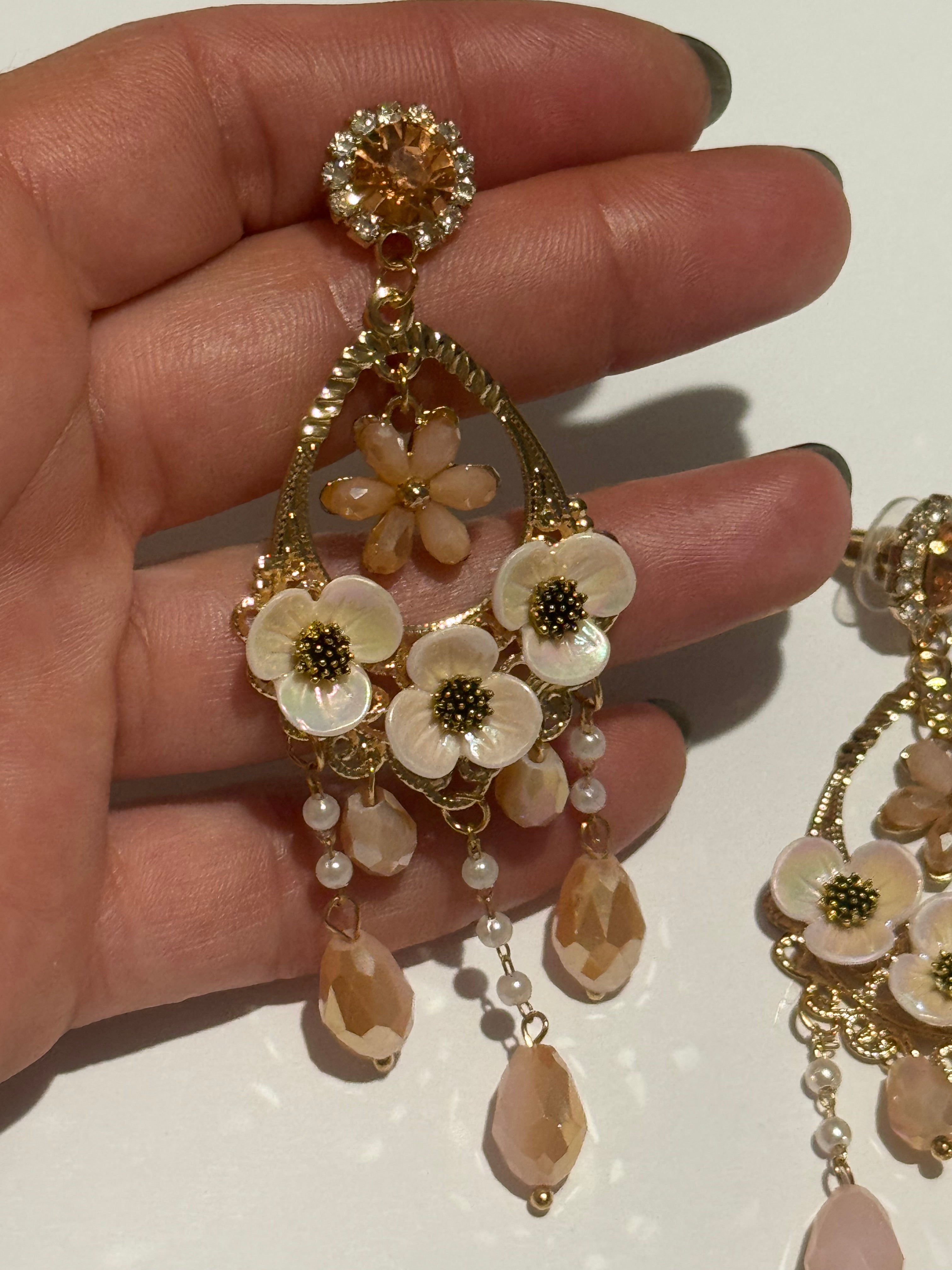 Floral Chandelier Earrings – Blush Pink Crystal & Pearl Drop Earrings – Gold Tone Statement Earrings – Romantic Vintage Inspired Jewelry