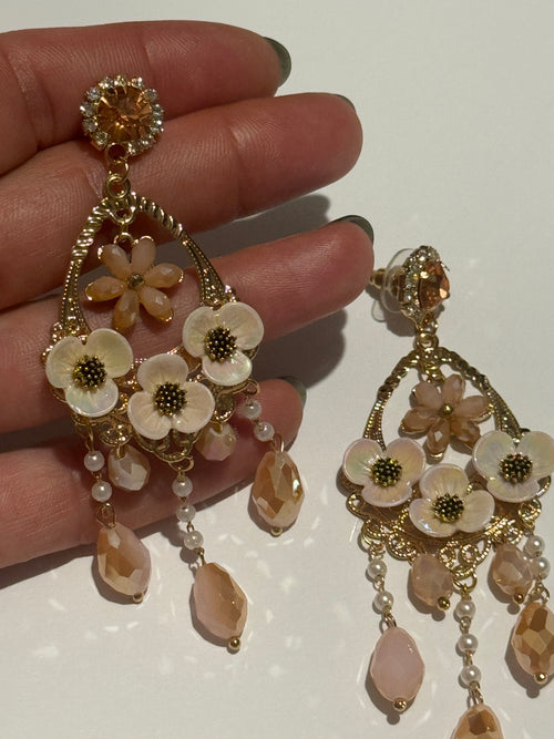 Floral Chandelier Earrings – Blush Pink Crystal & Pearl Drop Earrings – Gold Tone Statement Earrings – Romantic Vintage Inspired Jewelry