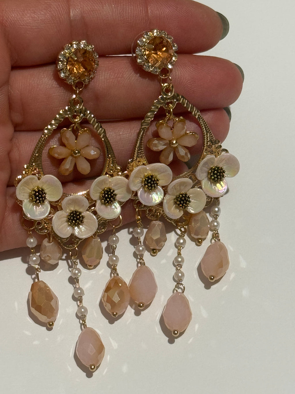 Floral Chandelier Earrings – Blush Pink Crystal & Pearl Drop Earrings – Gold Tone Statement Earrings – Romantic Vintage Inspired Jewelry