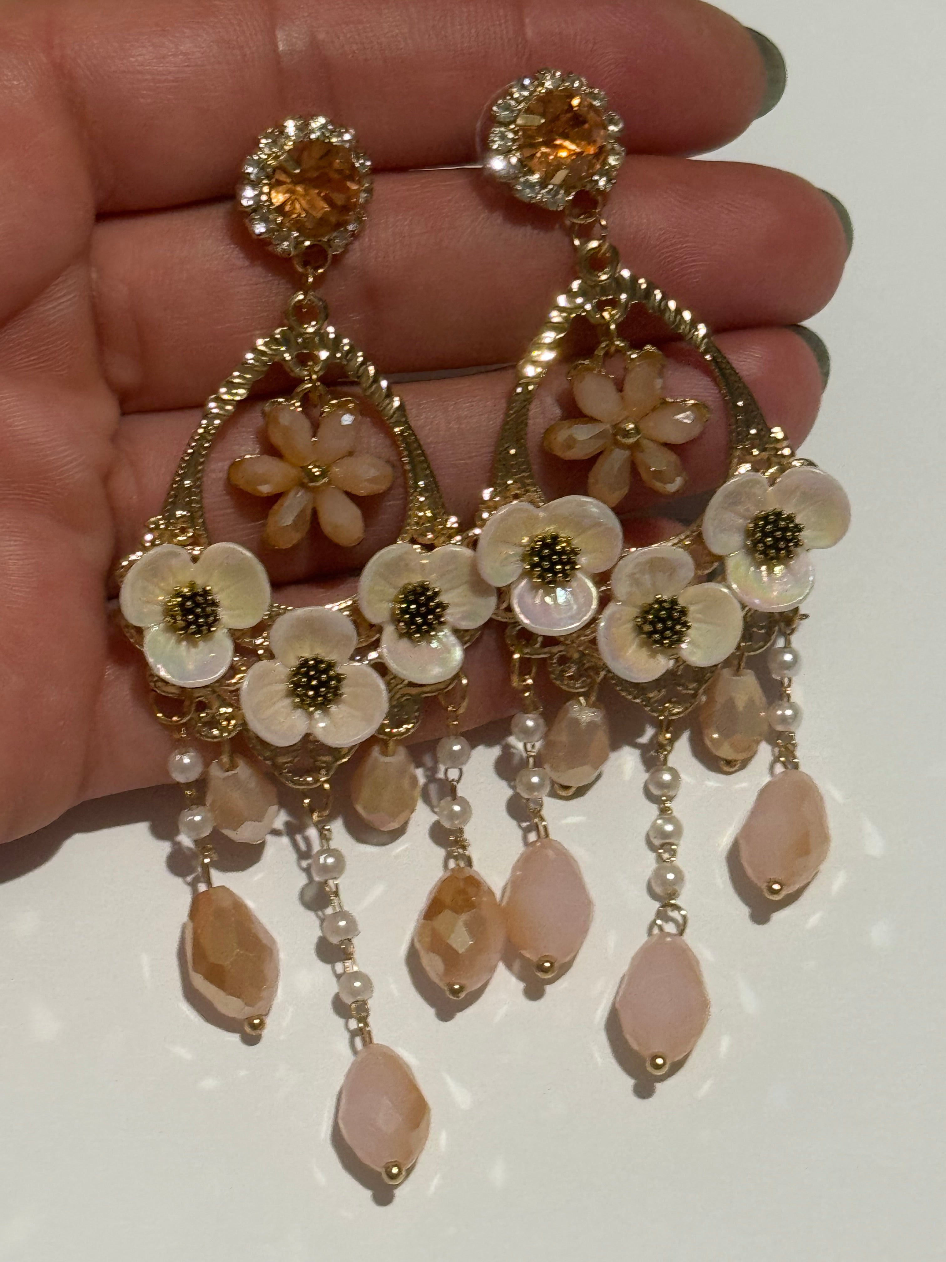 Floral Chandelier Earrings – Blush Pink Crystal & Pearl Drop Earrings – Gold Tone Statement Earrings – Romantic Vintage Inspired Jewelry