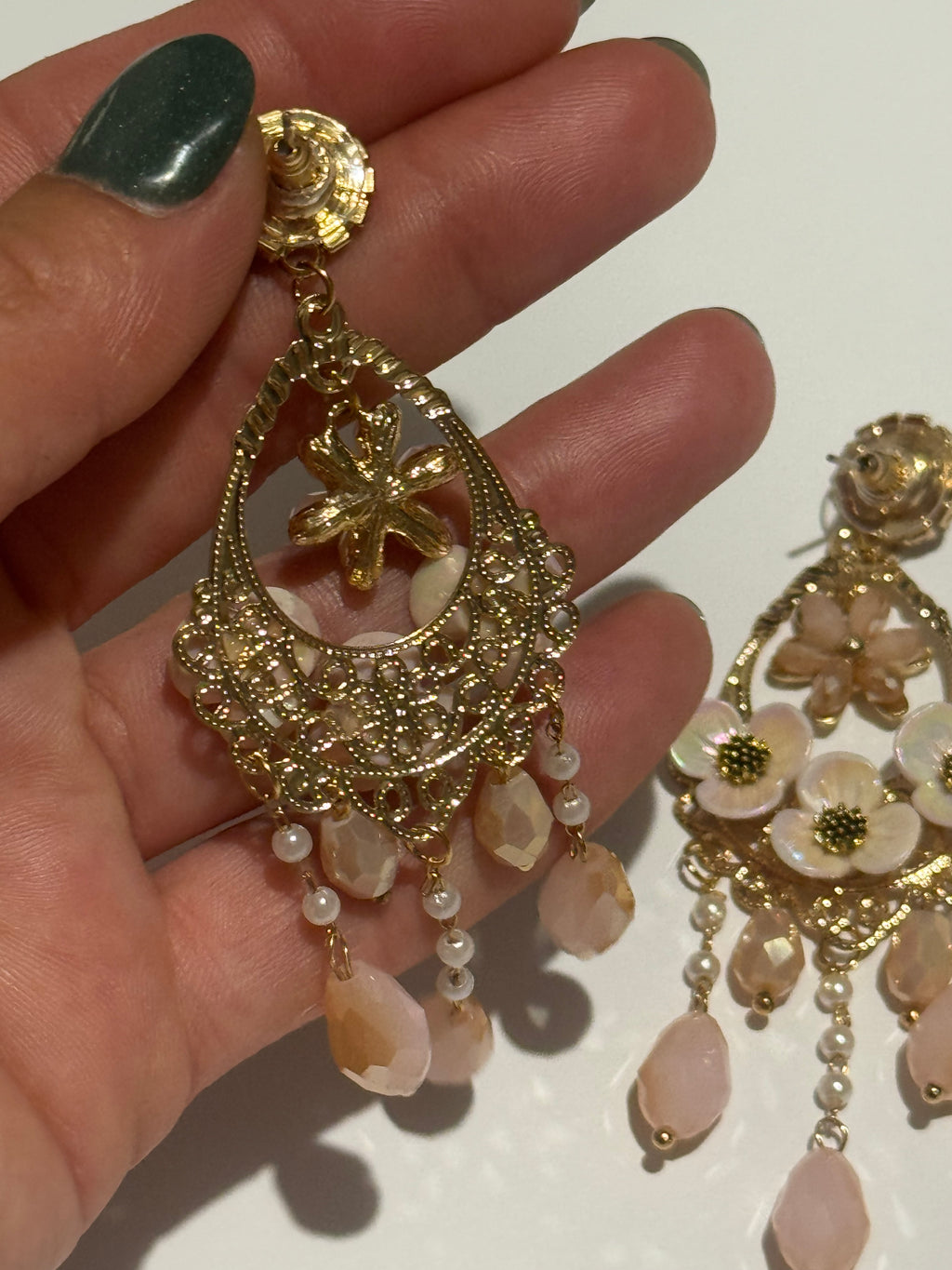 Floral Chandelier Earrings – Blush Pink Crystal & Pearl Drop Earrings – Gold Tone Statement Earrings – Romantic Vintage Inspired Jewelry