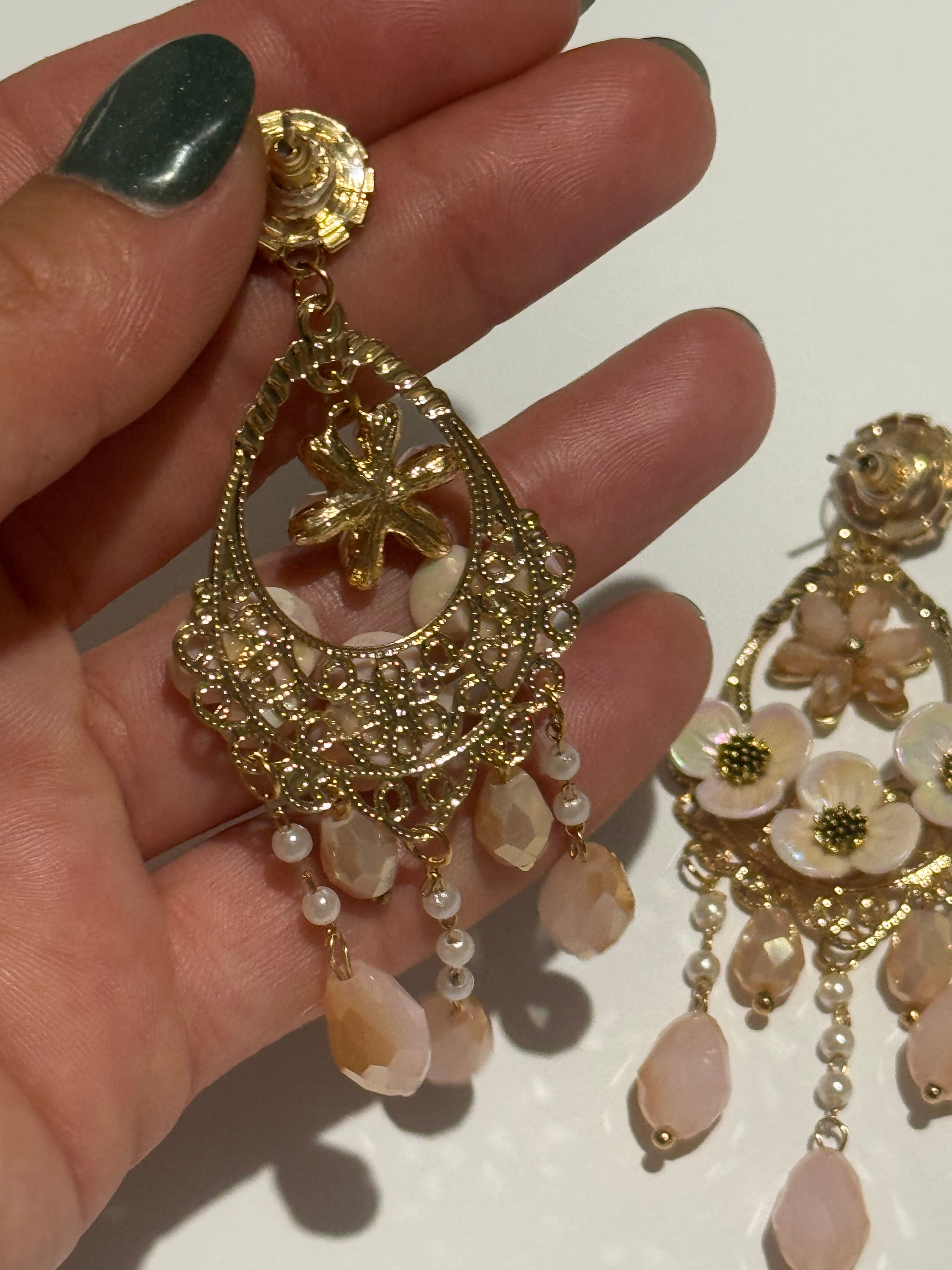 Floral Chandelier Earrings – Blush Pink Crystal & Pearl Drop Earrings – Gold Tone Statement Earrings – Romantic Vintage Inspired Jewelry