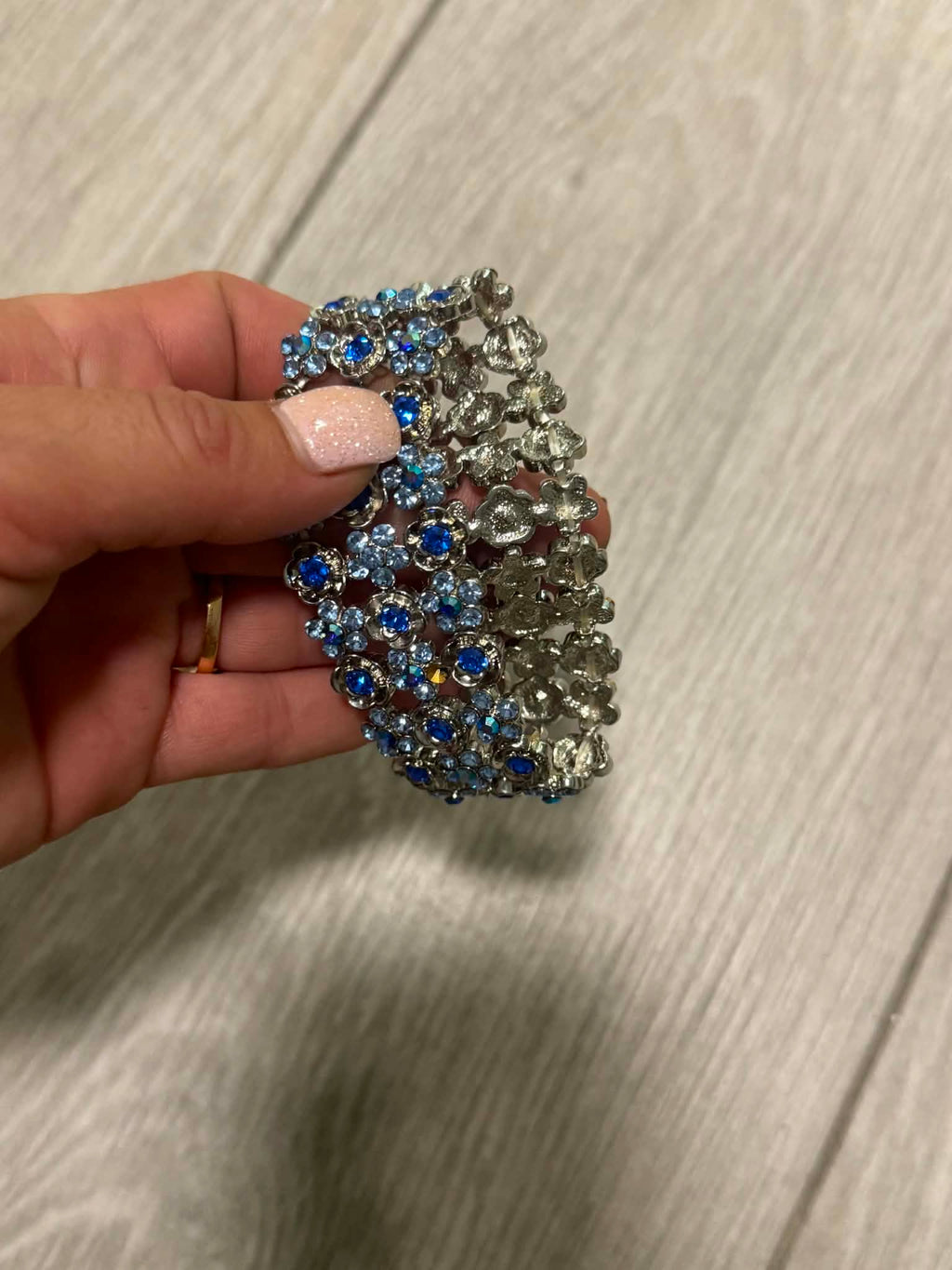 Vintage Blue Floral Bracelet, Boho Flower Cuff, Amber Rhinestone Bracelet, Silver Tone Jewelry, Unique Gift for Her