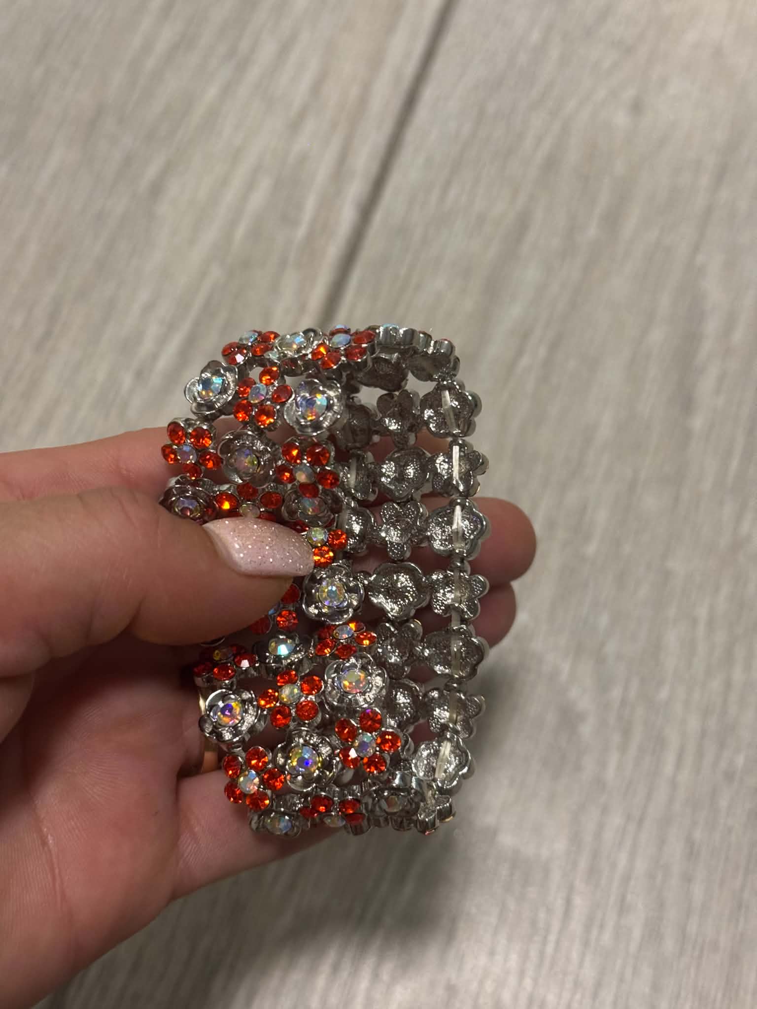Red Crystal Statement Bracelet, Vintage Floral Rhinestone Cuff, Sparkly Silver Tone Jewelry, Evening Bracelet, Gift for Her