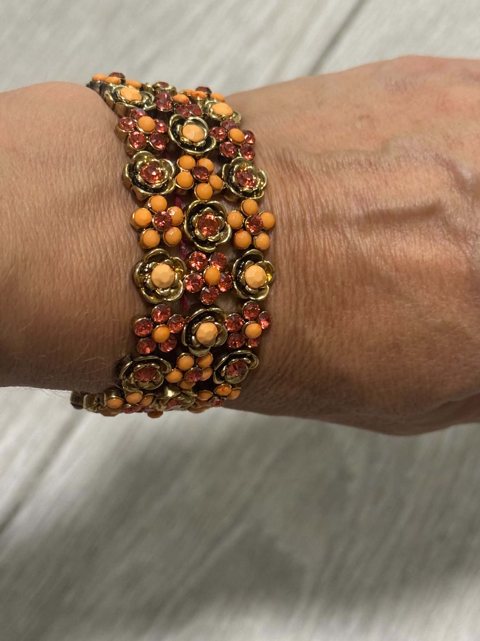Vintage Orange Floral Statement Bracelet, Boho Flower Cuff, Amber Rhinestone Bracelet, Gold Tone Jewelry, Unique Gift for Her