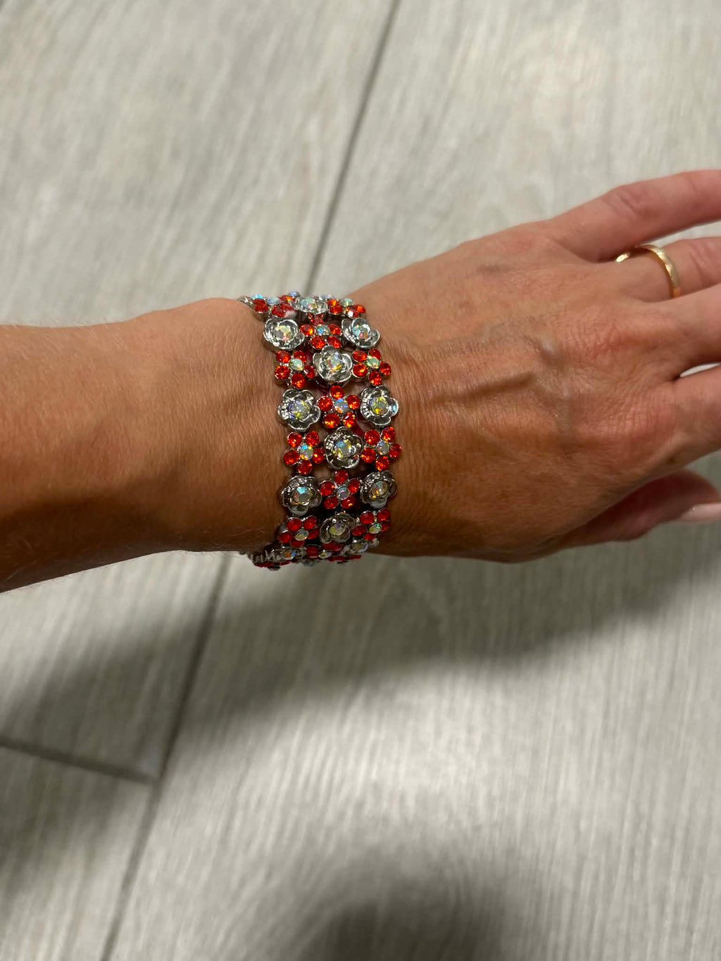 Red Crystal Statement Bracelet, Vintage Floral Rhinestone Cuff, Sparkly Silver Tone Jewelry, Evening Bracelet, Gift for Her