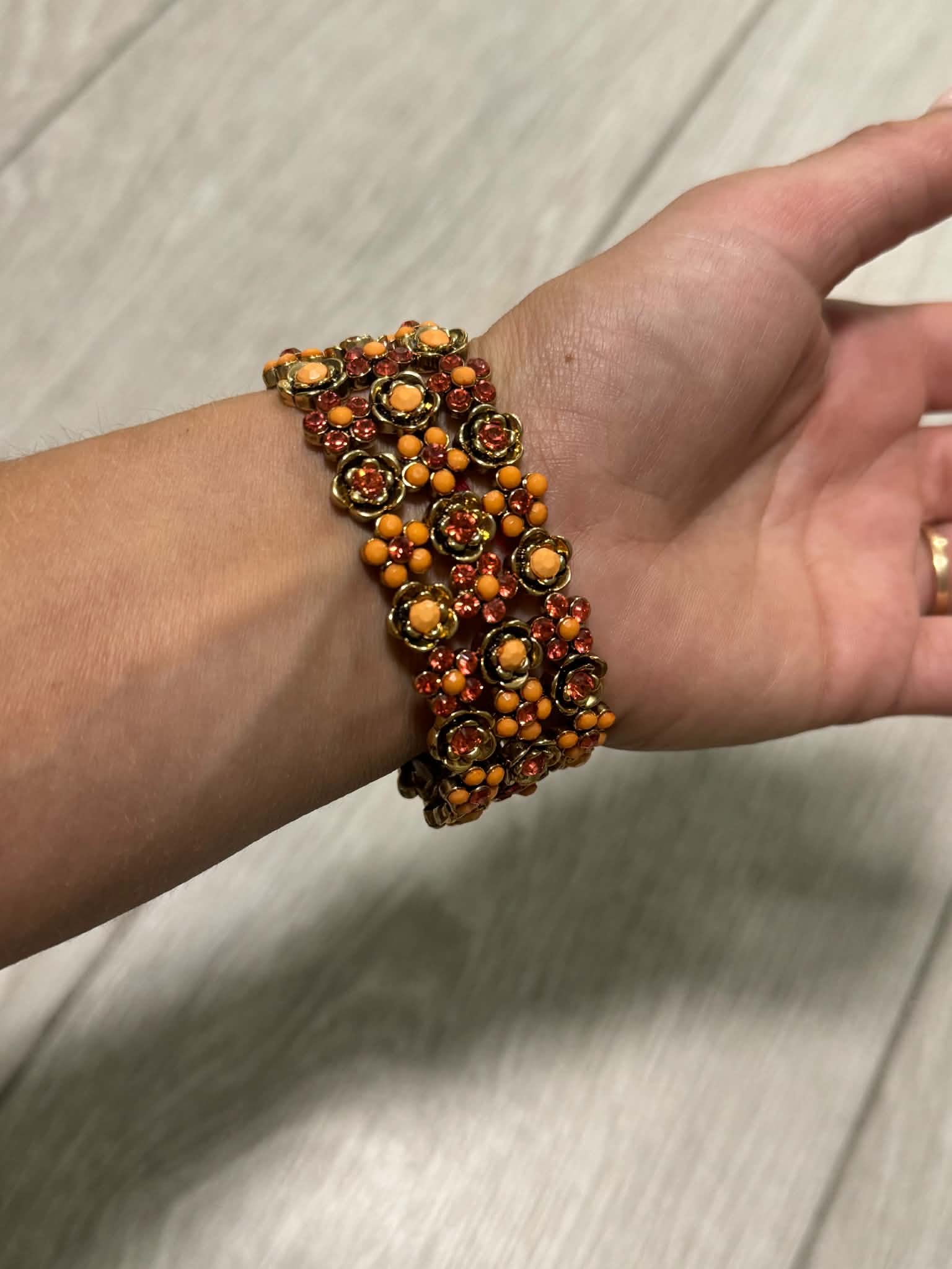 Vintage Orange Floral Statement Bracelet, Boho Flower Cuff, Amber Rhinestone Bracelet, Gold Tone Jewelry, Unique Gift for Her