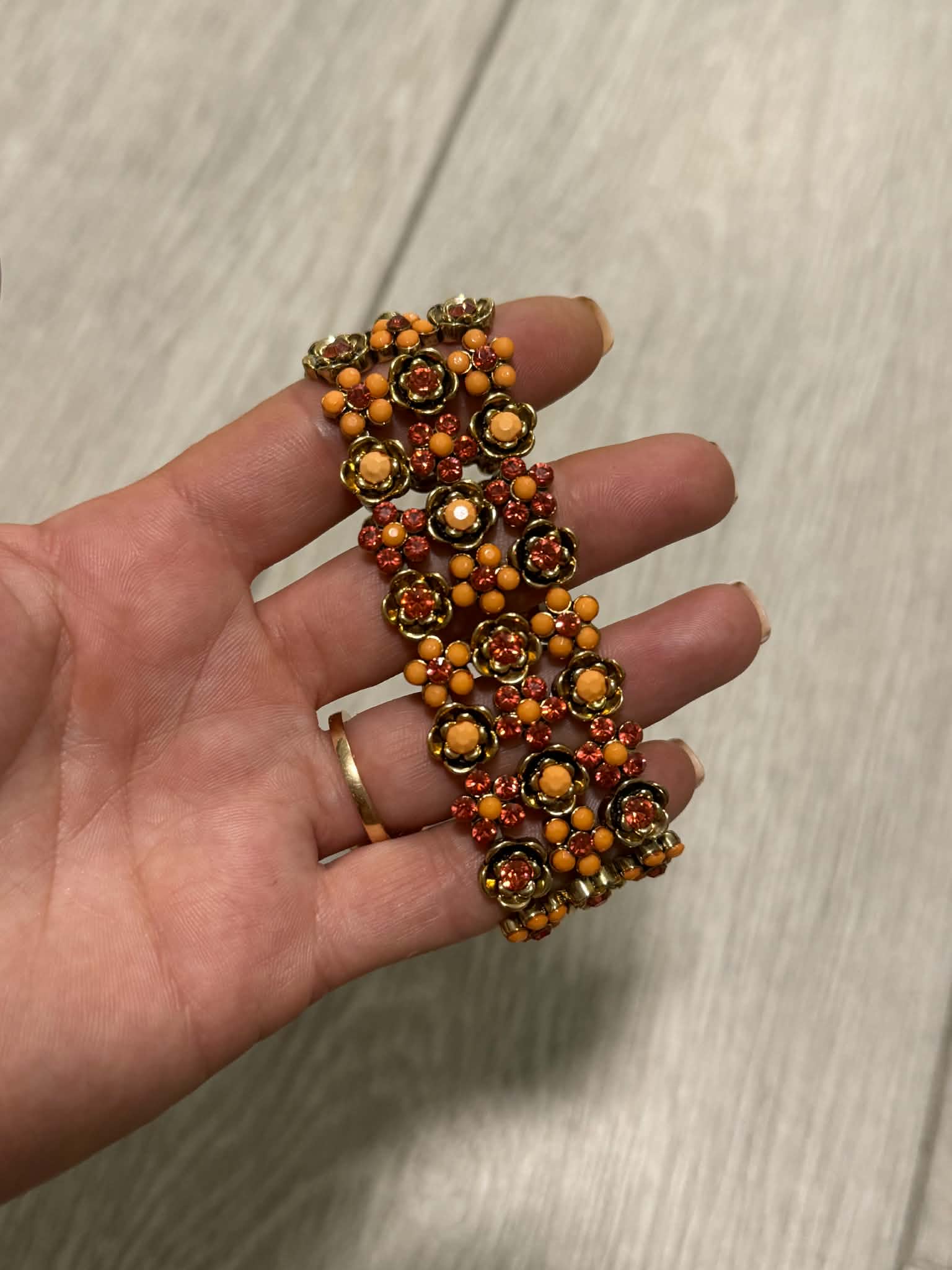 Vintage Orange Floral Statement Bracelet, Boho Flower Cuff, Amber Rhinestone Bracelet, Gold Tone Jewelry, Unique Gift for Her