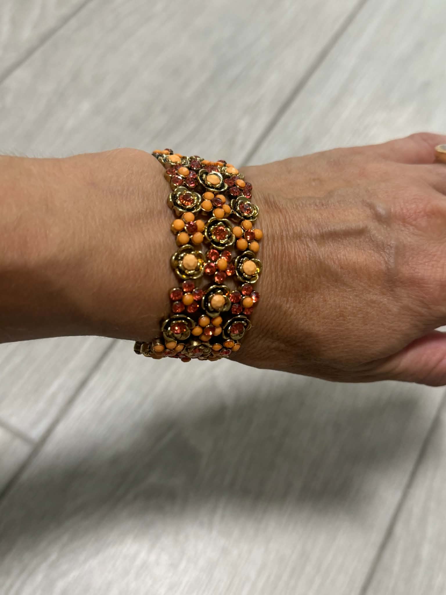 Vintage Orange Floral Statement Bracelet, Boho Flower Cuff, Amber Rhinestone Bracelet, Gold Tone Jewelry, Unique Gift for Her
