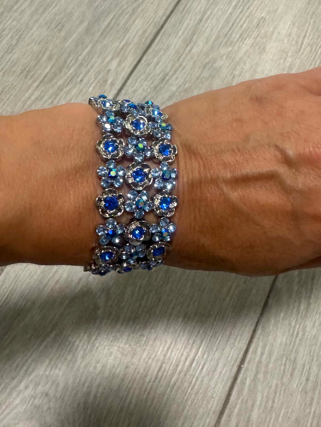 Vintage Blue Floral Bracelet, Boho Flower Cuff, Amber Rhinestone Bracelet, Silver Tone Jewelry, Unique Gift for Her