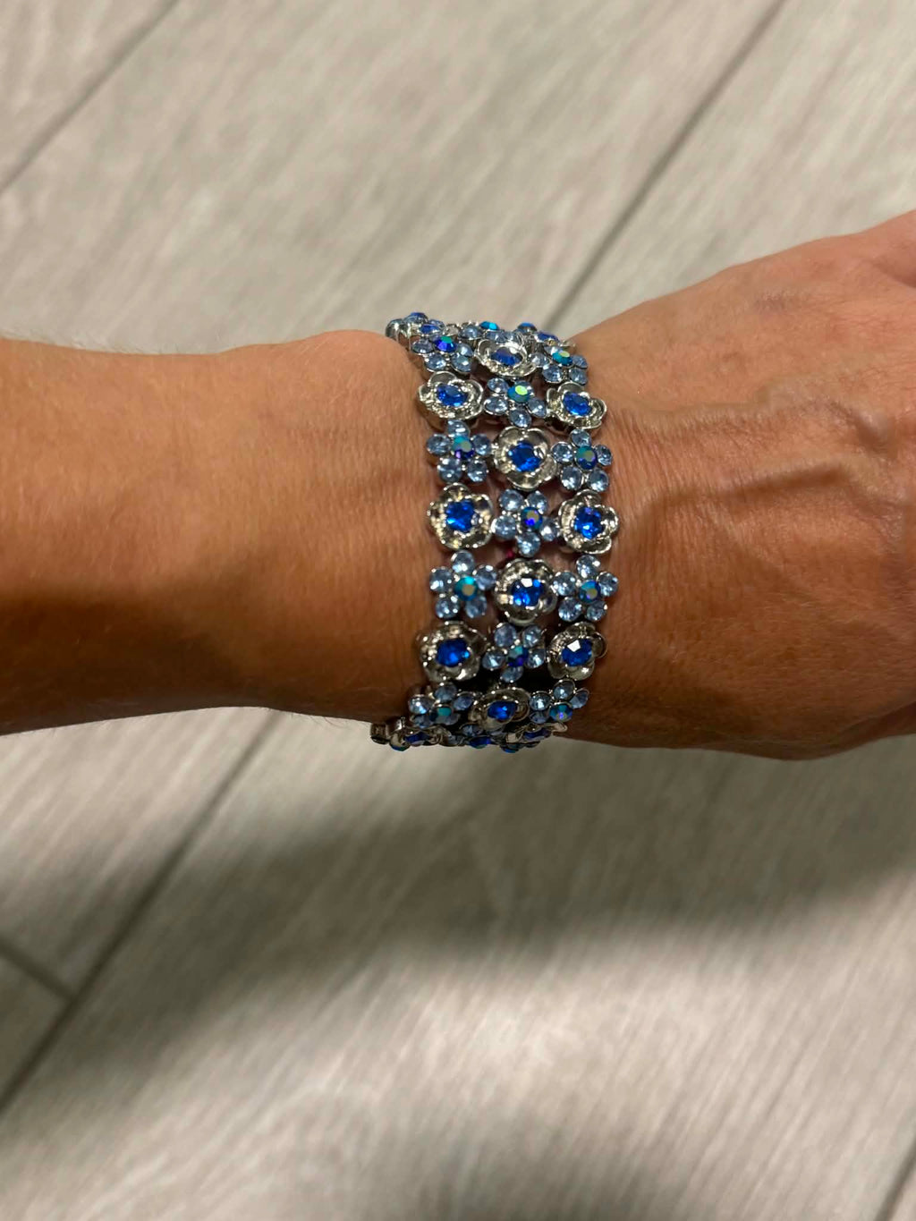 Vintage Blue Floral Bracelet, Boho Flower Cuff, Amber Rhinestone Bracelet, Silver Tone Jewelry, Unique Gift for Her