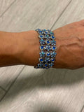 Vintage Blue Floral Bracelet, Boho Flower Cuff, Amber Rhinestone Bracelet, Silver Tone Jewelry, Unique Gift for Her