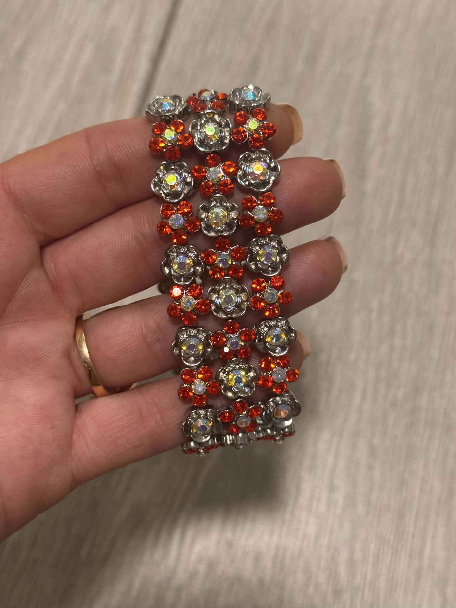 Red Crystal Statement Bracelet, Vintage Floral Rhinestone Cuff, Sparkly Silver Tone Jewelry, Evening Bracelet, Gift for Her
