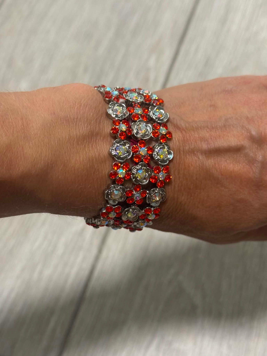 Red Crystal Statement Bracelet, Vintage Floral Rhinestone Cuff, Sparkly Silver Tone Jewelry, Evening Bracelet, Gift for Her