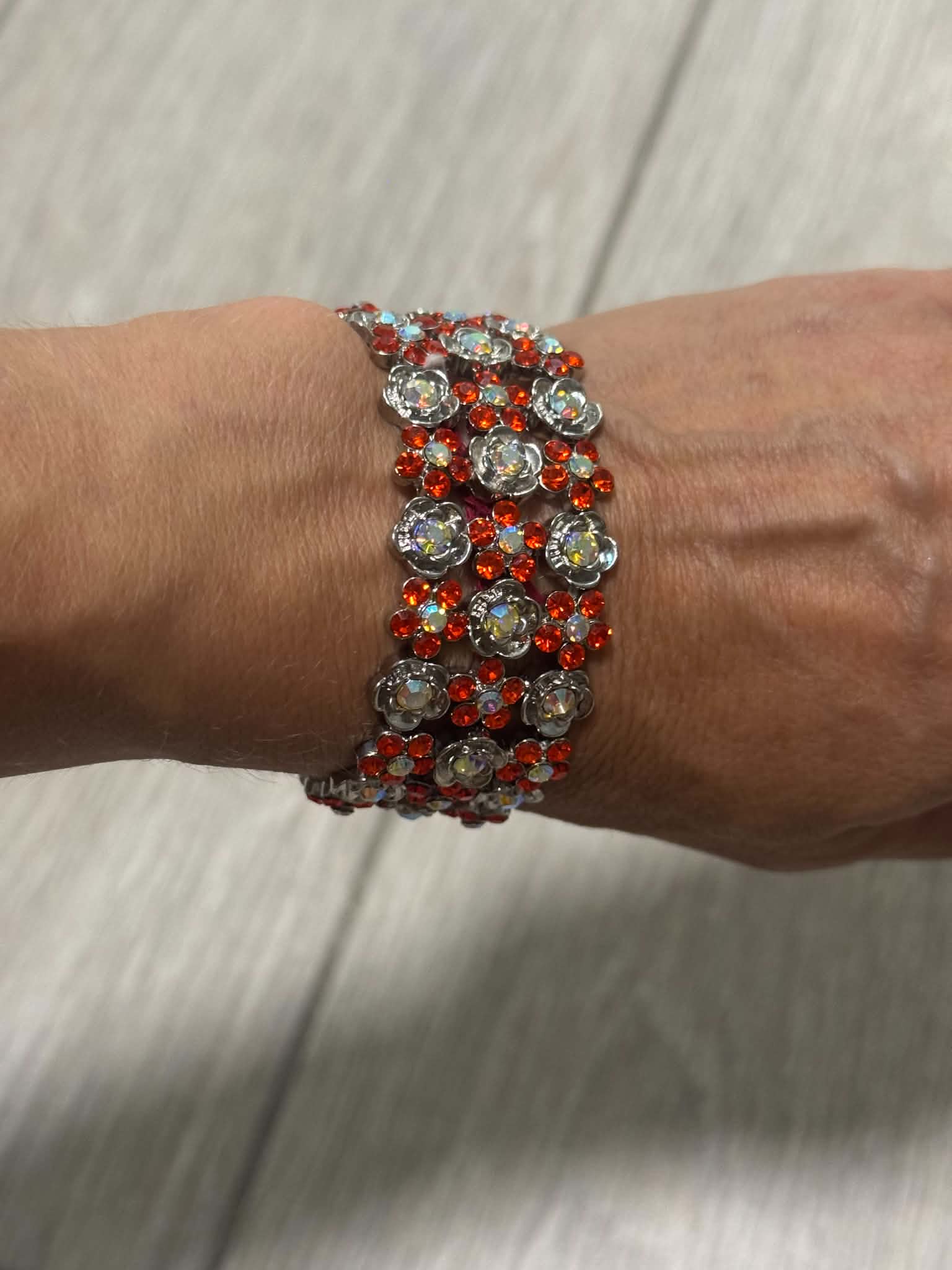 Red Crystal Statement Bracelet, Vintage Floral Rhinestone Cuff, Sparkly Silver Tone Jewelry, Evening Bracelet, Gift for Her