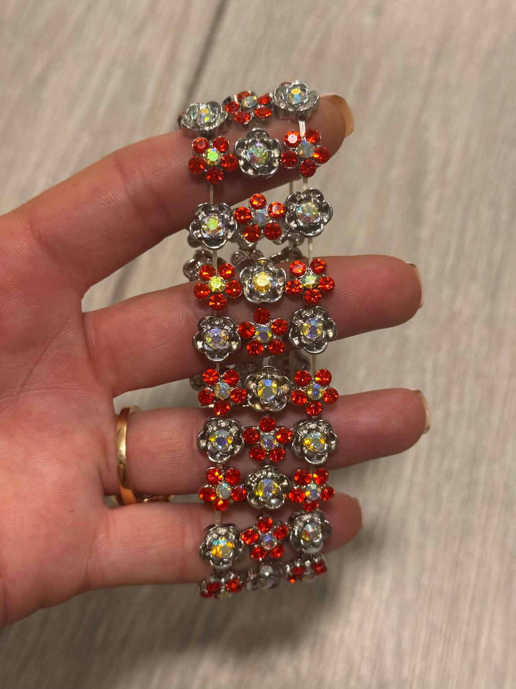 Red Crystal Statement Bracelet, Vintage Floral Rhinestone Cuff, Sparkly Silver Tone Jewelry, Evening Bracelet, Gift for Her