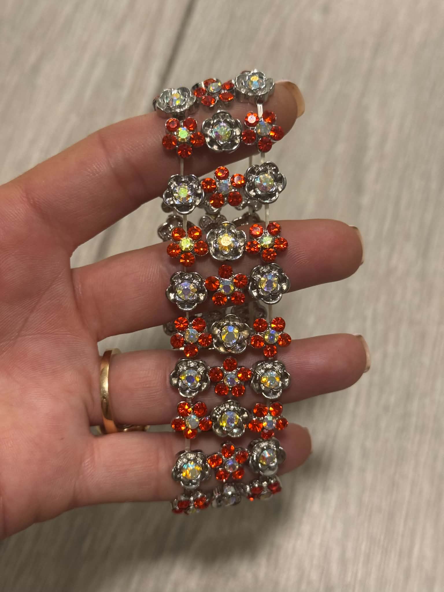 Red Crystal Statement Bracelet, Vintage Floral Rhinestone Cuff, Sparkly Silver Tone Jewelry, Evening Bracelet, Gift for Her