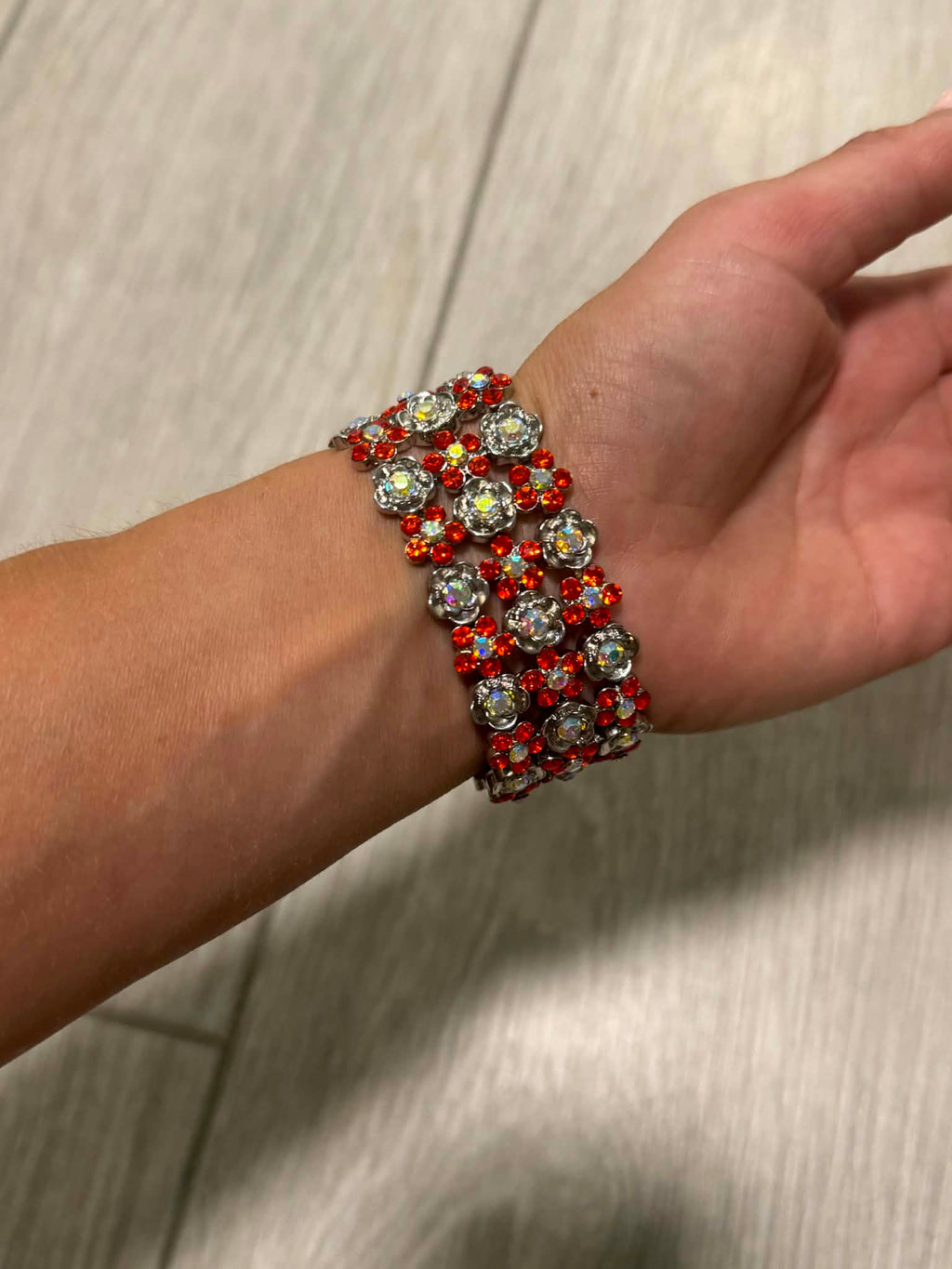 Red Crystal Statement Bracelet, Vintage Floral Rhinestone Cuff, Sparkly Silver Tone Jewelry, Evening Bracelet, Gift for Her