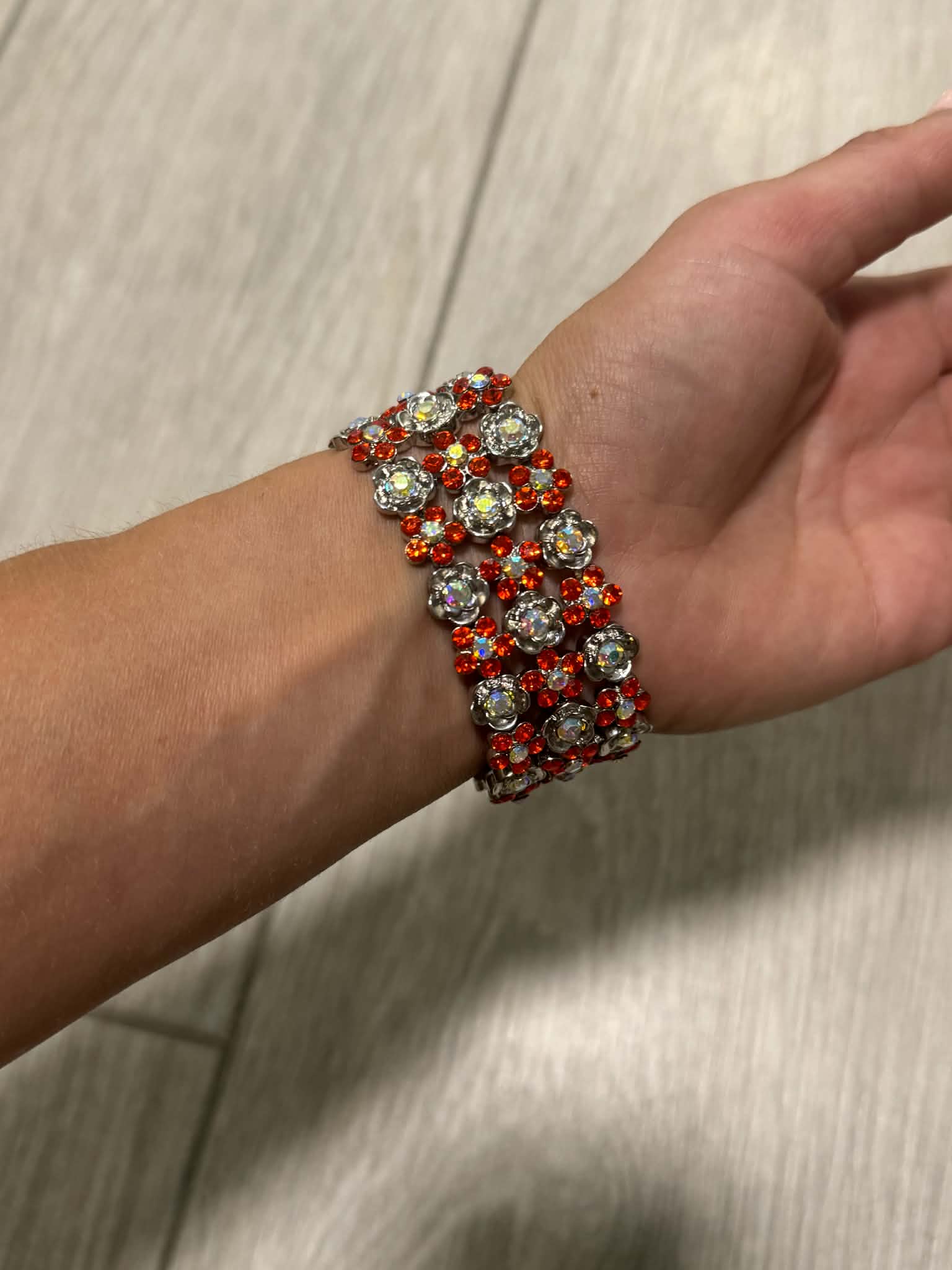 Red Crystal Statement Bracelet, Vintage Floral Rhinestone Cuff, Sparkly Silver Tone Jewelry, Evening Bracelet, Gift for Her